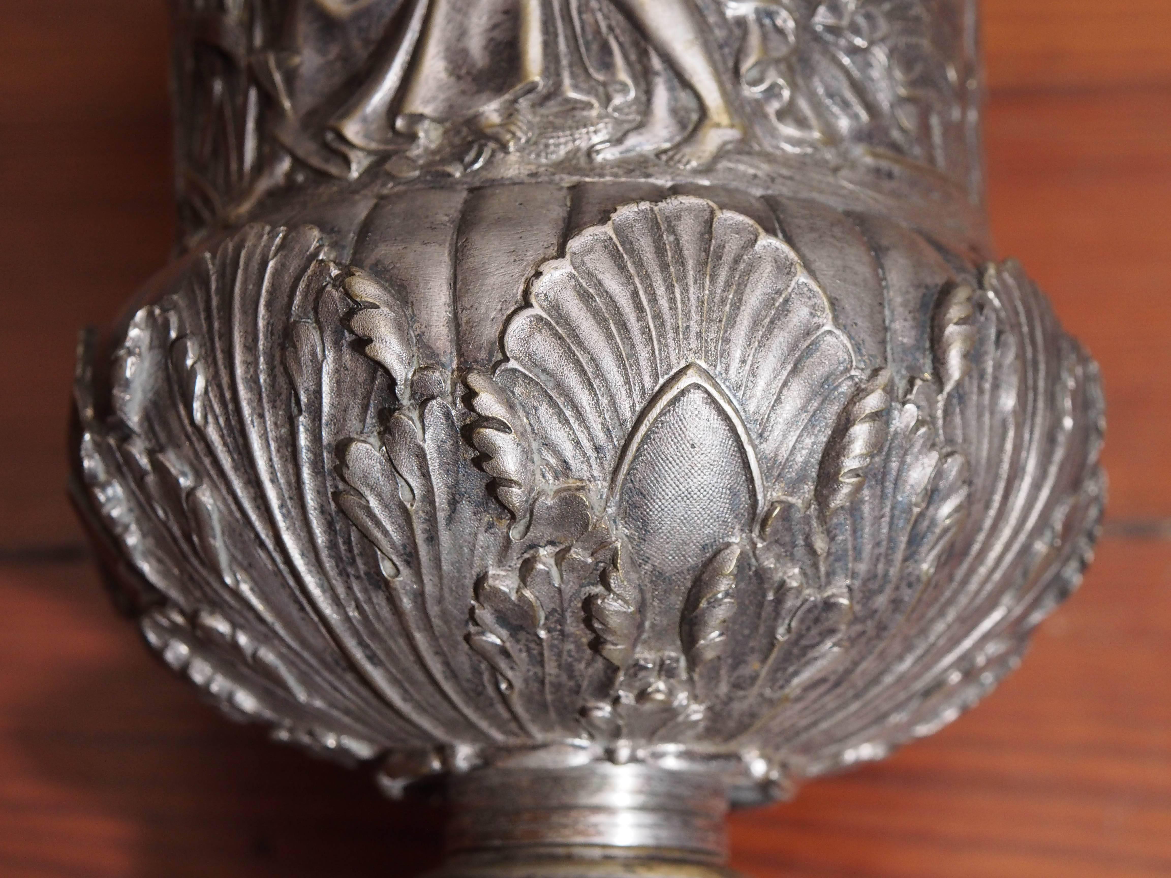 Pair of French Neoclassical Silver over Bronze Urns on Rouge Marble For Sale 2