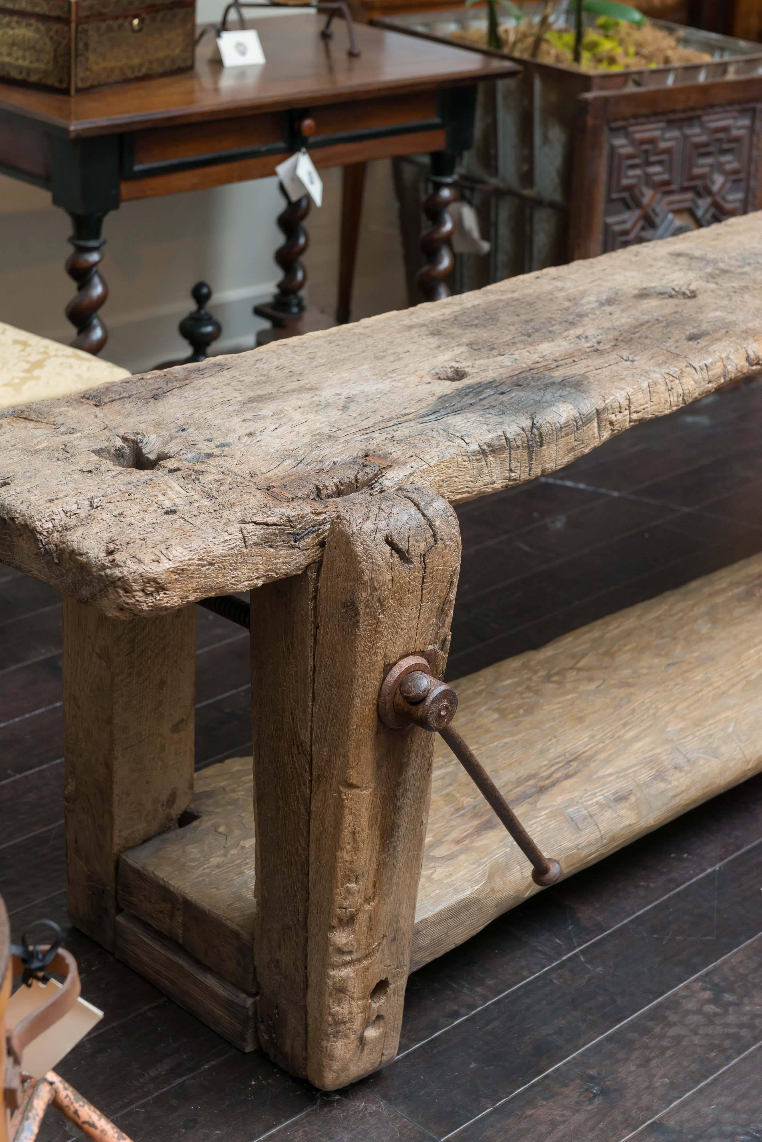 Weathered elm woodworker's bench, French, circa 1860.