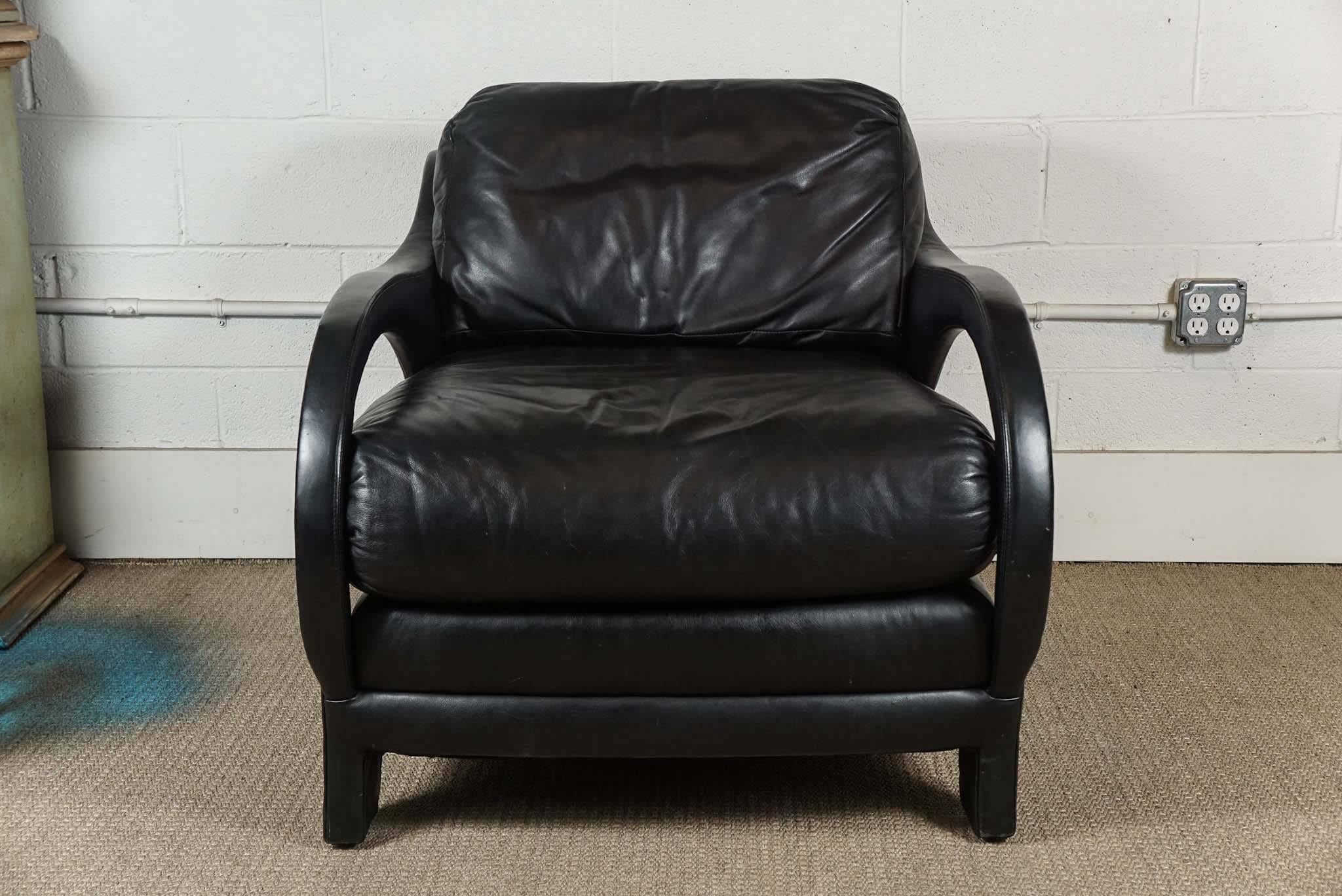 Here is a great lounge chair in a black leather by Jay Spectre. The chair is fully upholstered including the arms and legs and has a very plush seat and back.
This is a very stylish and comfortable chair.