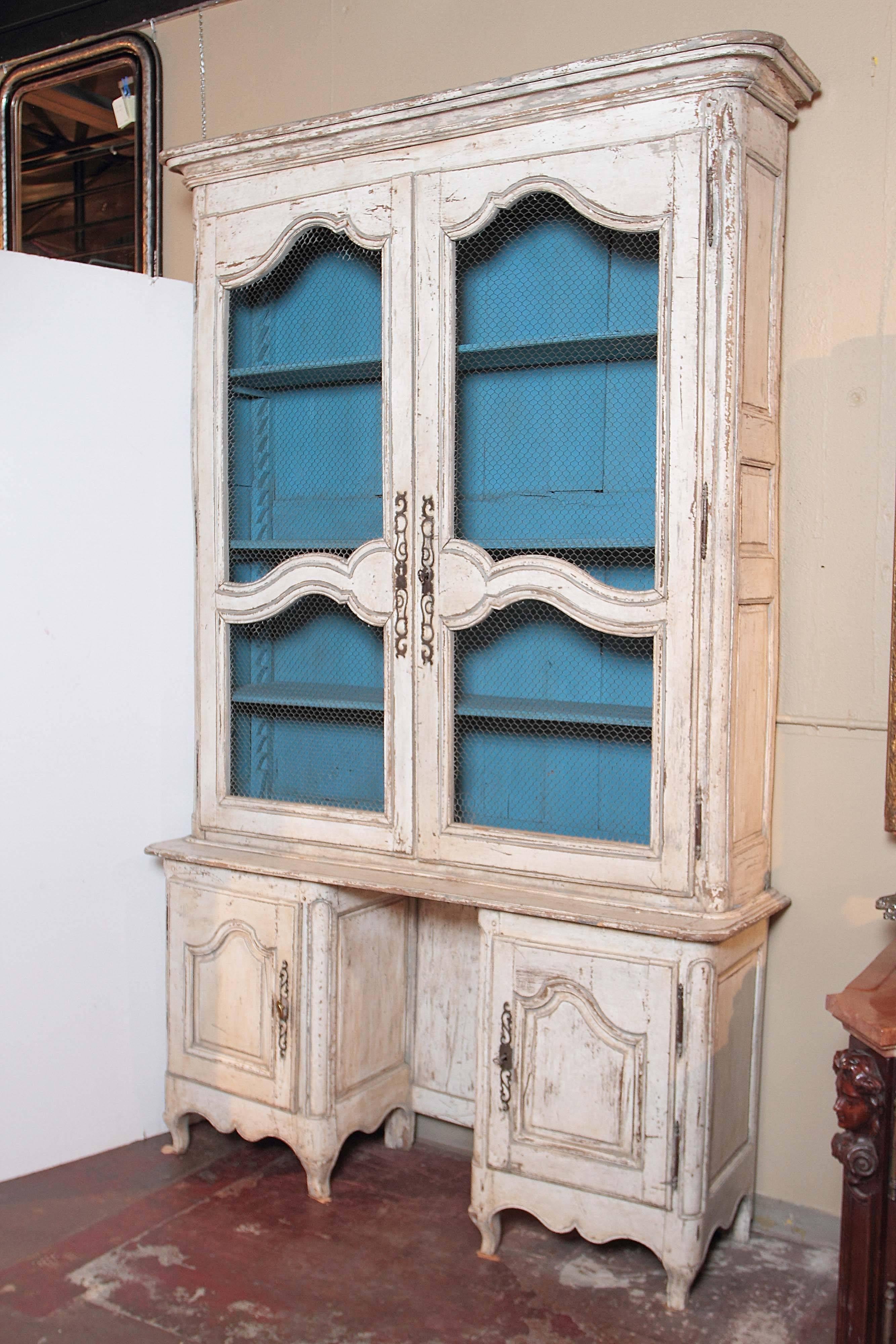 Hand-Carved Tall 18th Century French Louis XV Painted Display Cabinet from Bordeaux