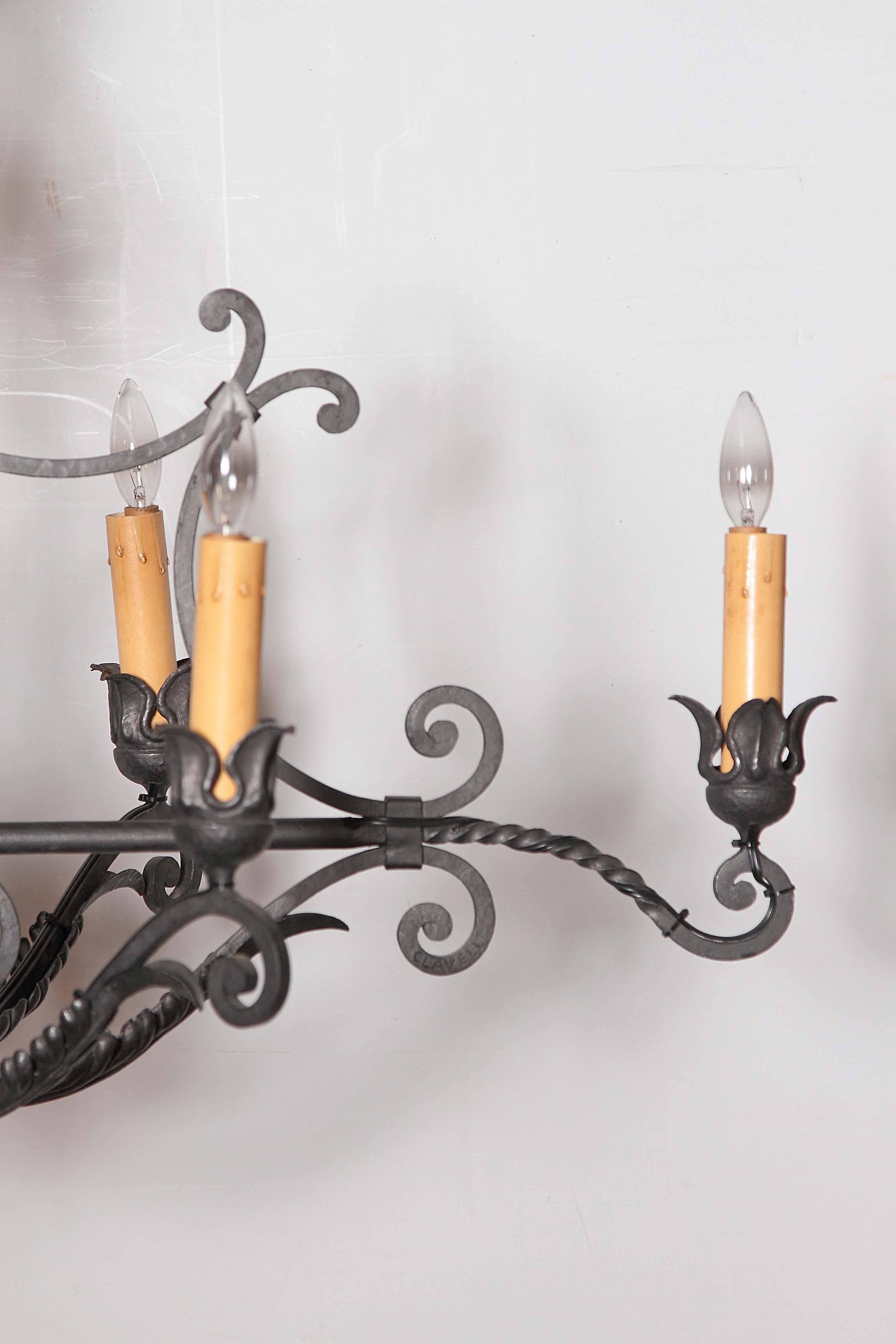 Long Mid-20th Century French Six-Light Iron Chandelier with Ornate Top 3