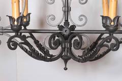 Long Mid-20th Century French Six-Light Iron Chandelier with Ornate Top