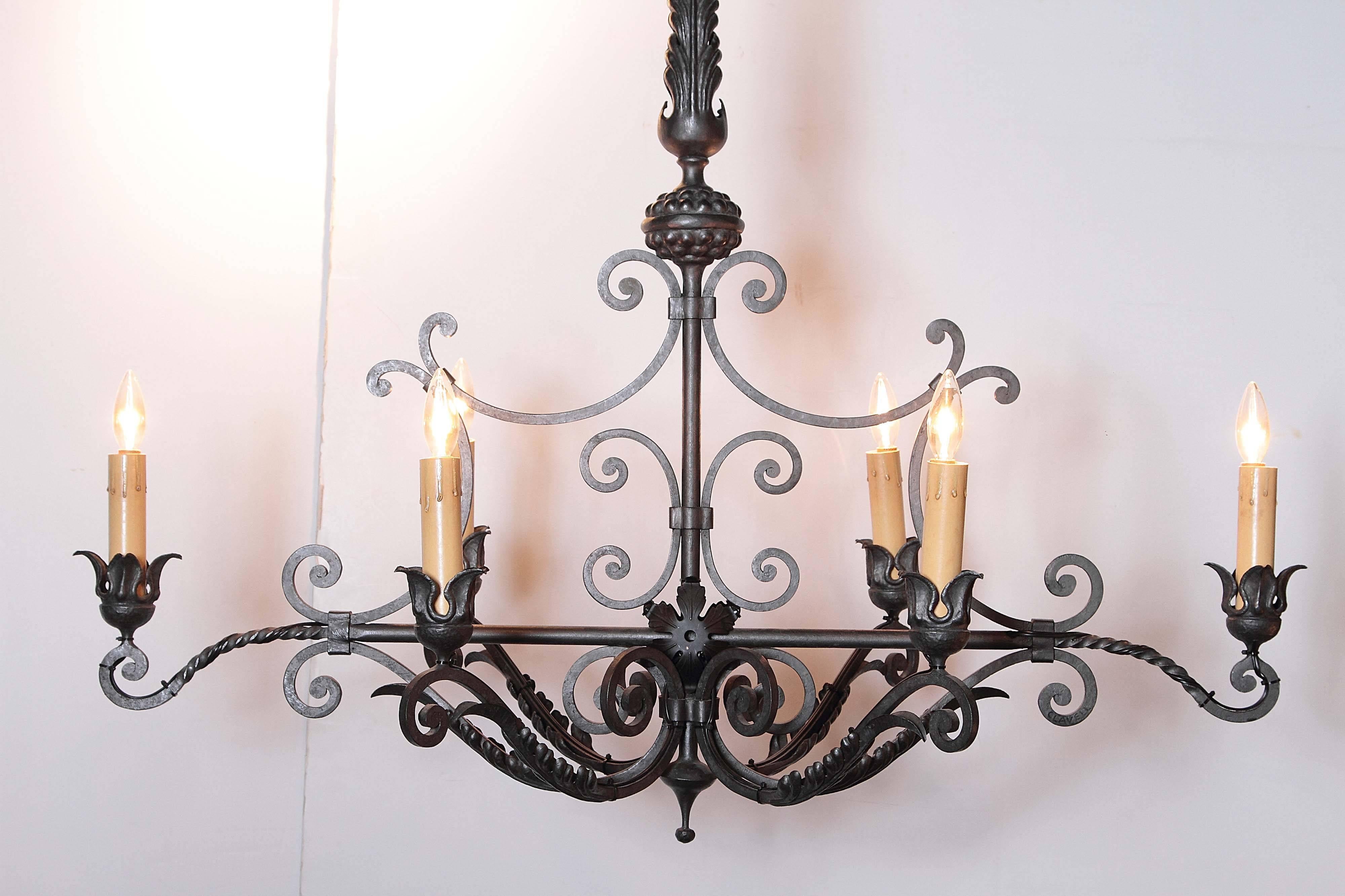 Long Mid-20th Century French Six-Light Iron Chandelier with Ornate Top In Excellent Condition In Dallas, TX