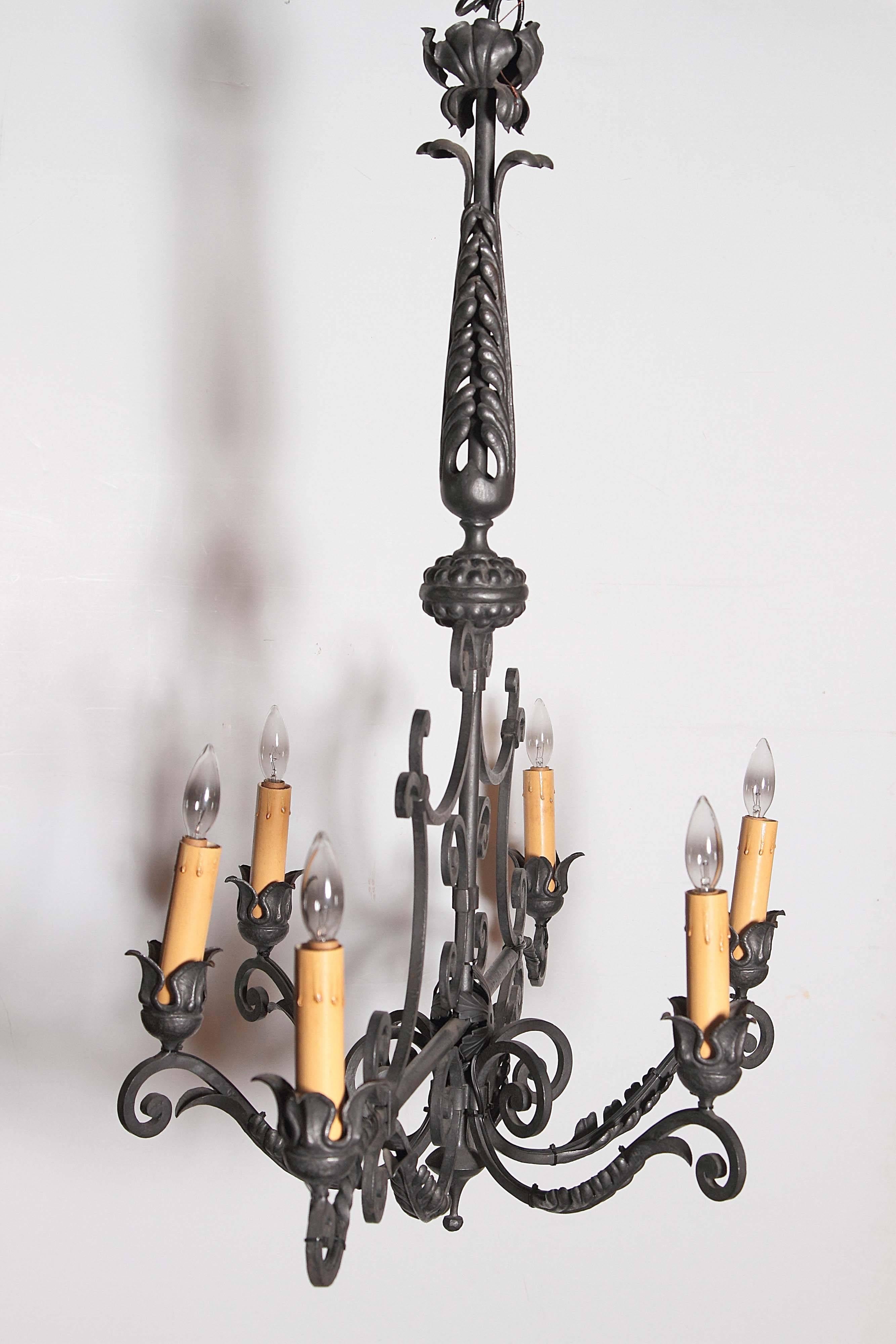 Long Mid-20th Century French Six-Light Iron Chandelier with Ornate Top 1