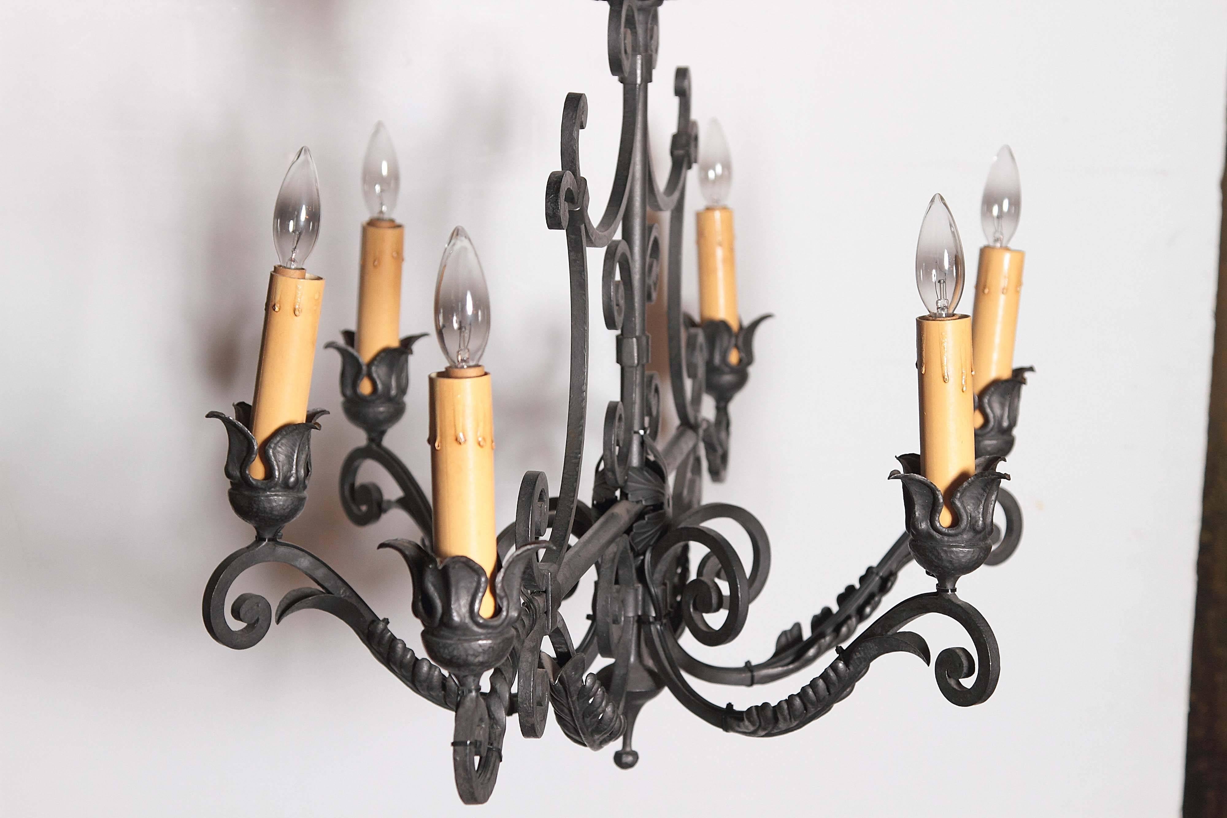 Long Mid-20th Century French Six-Light Iron Chandelier with Ornate Top 2