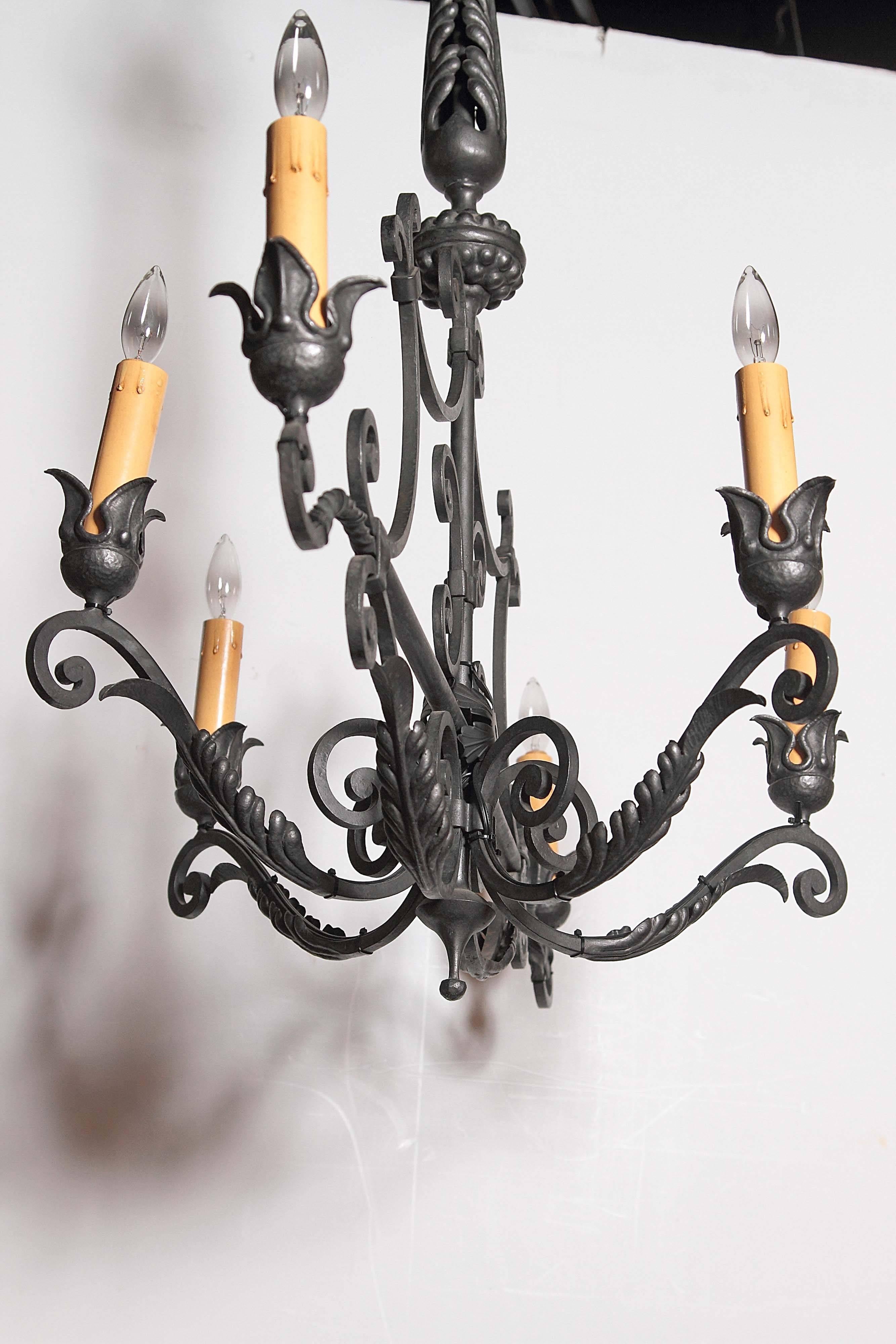 Long Mid-20th Century French Six-Light Iron Chandelier with Ornate Top 4