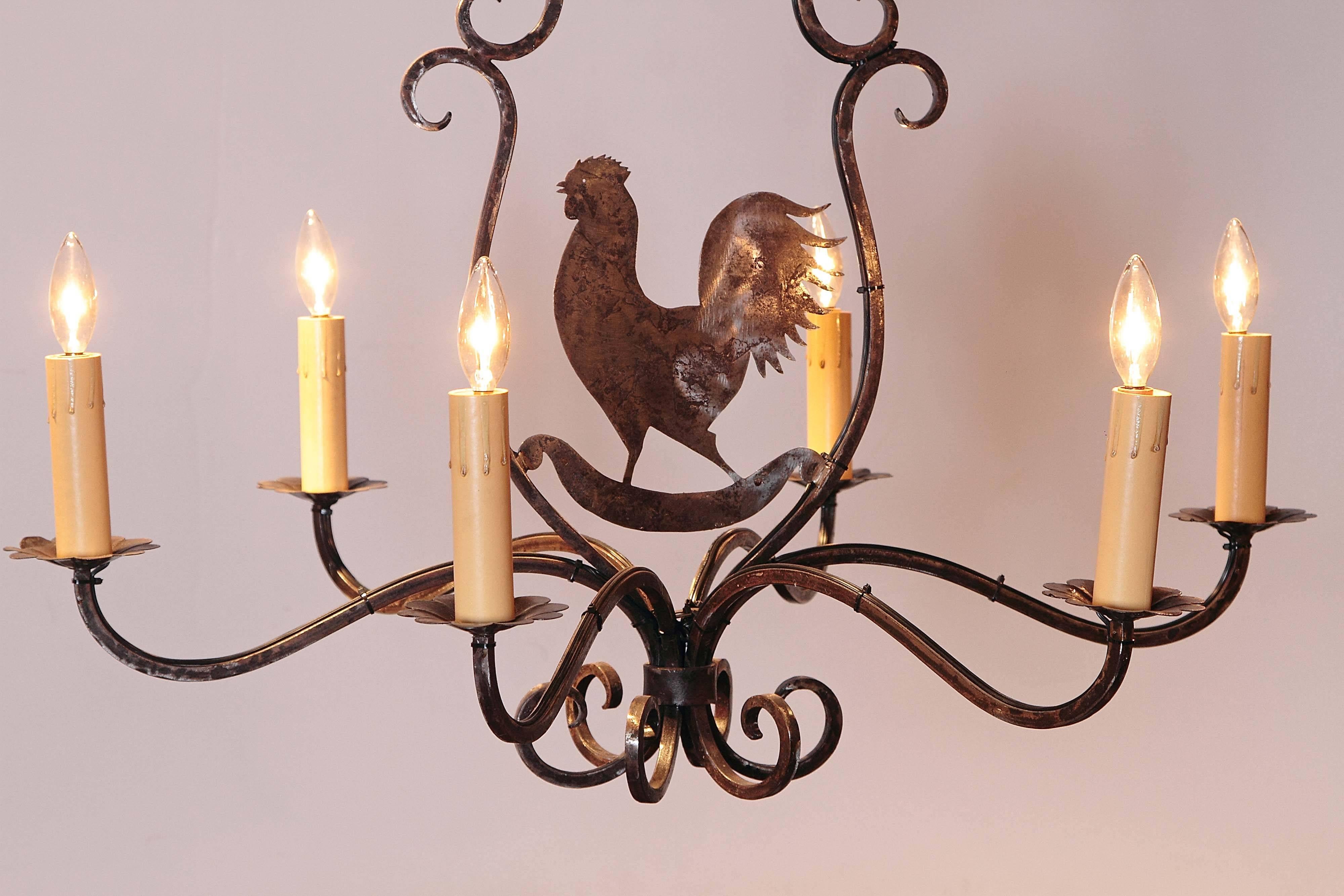 Contemporary Six-Light French Polished Iron Chandelier with Rooster from Paris