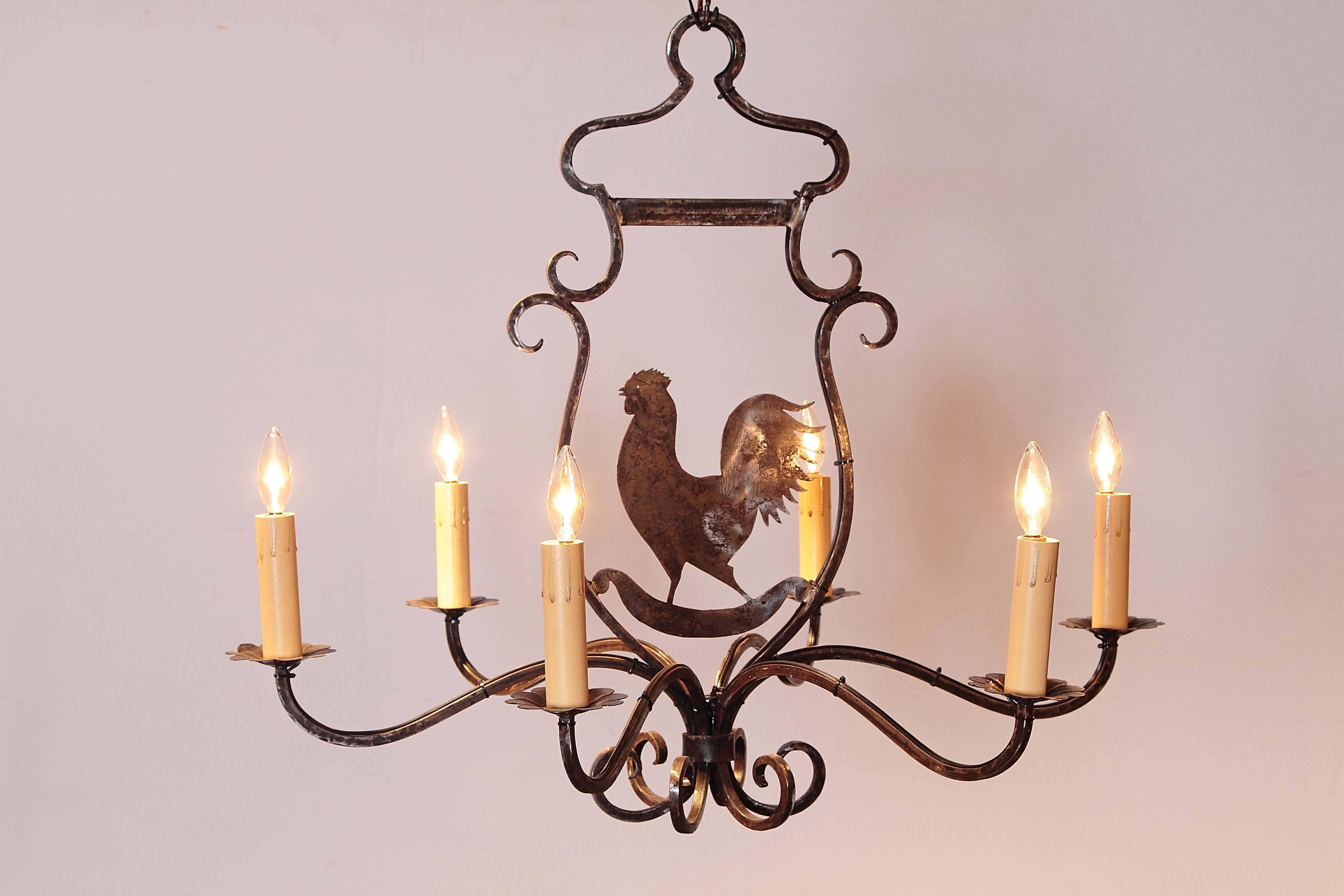Six-Light French Polished Iron Chandelier with Rooster from Paris 1