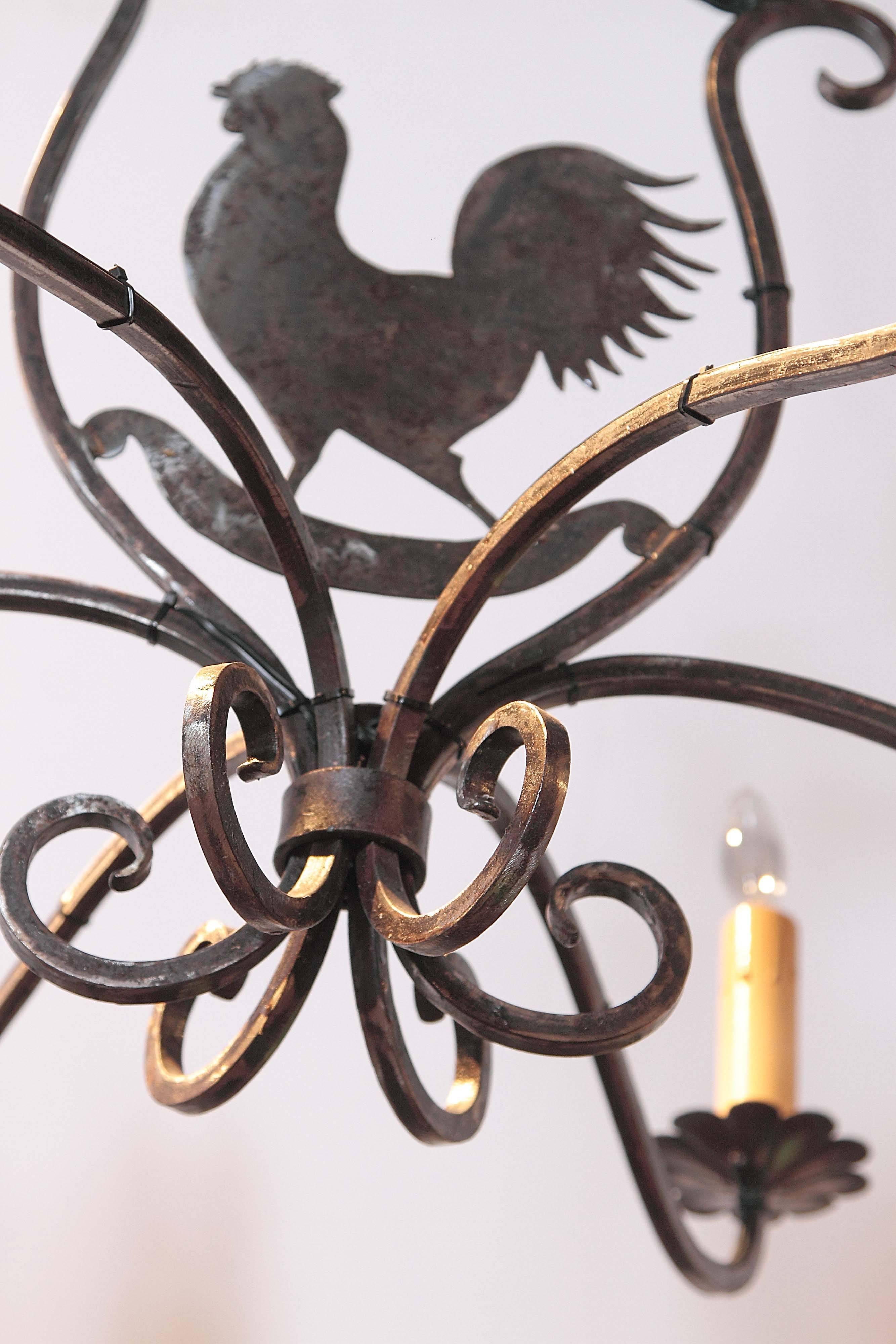 Six-Light French Polished Iron Chandelier with Rooster from Paris 2