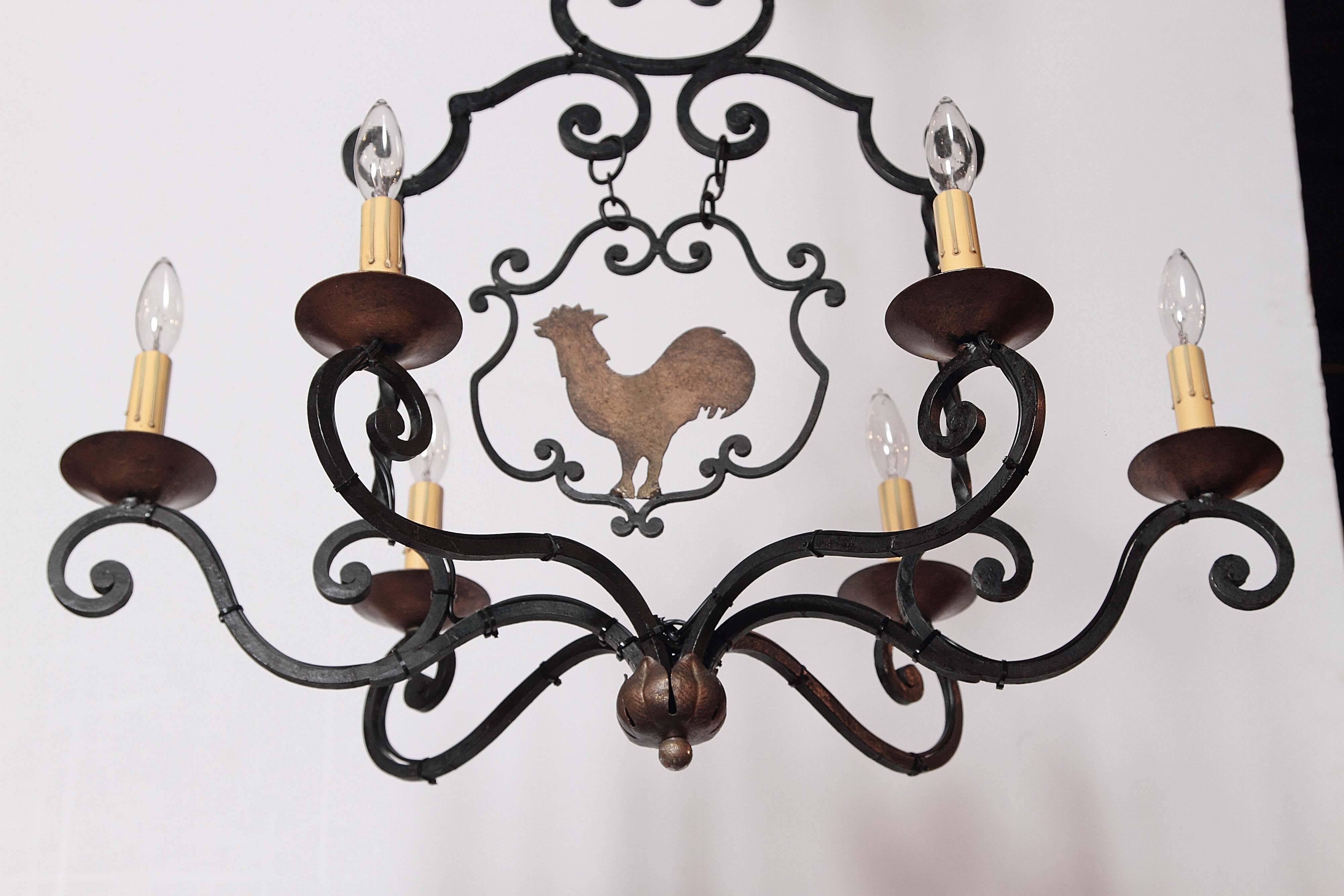 Early 20th Century French Six-Light Iron Chandelier with Center Rooster 5