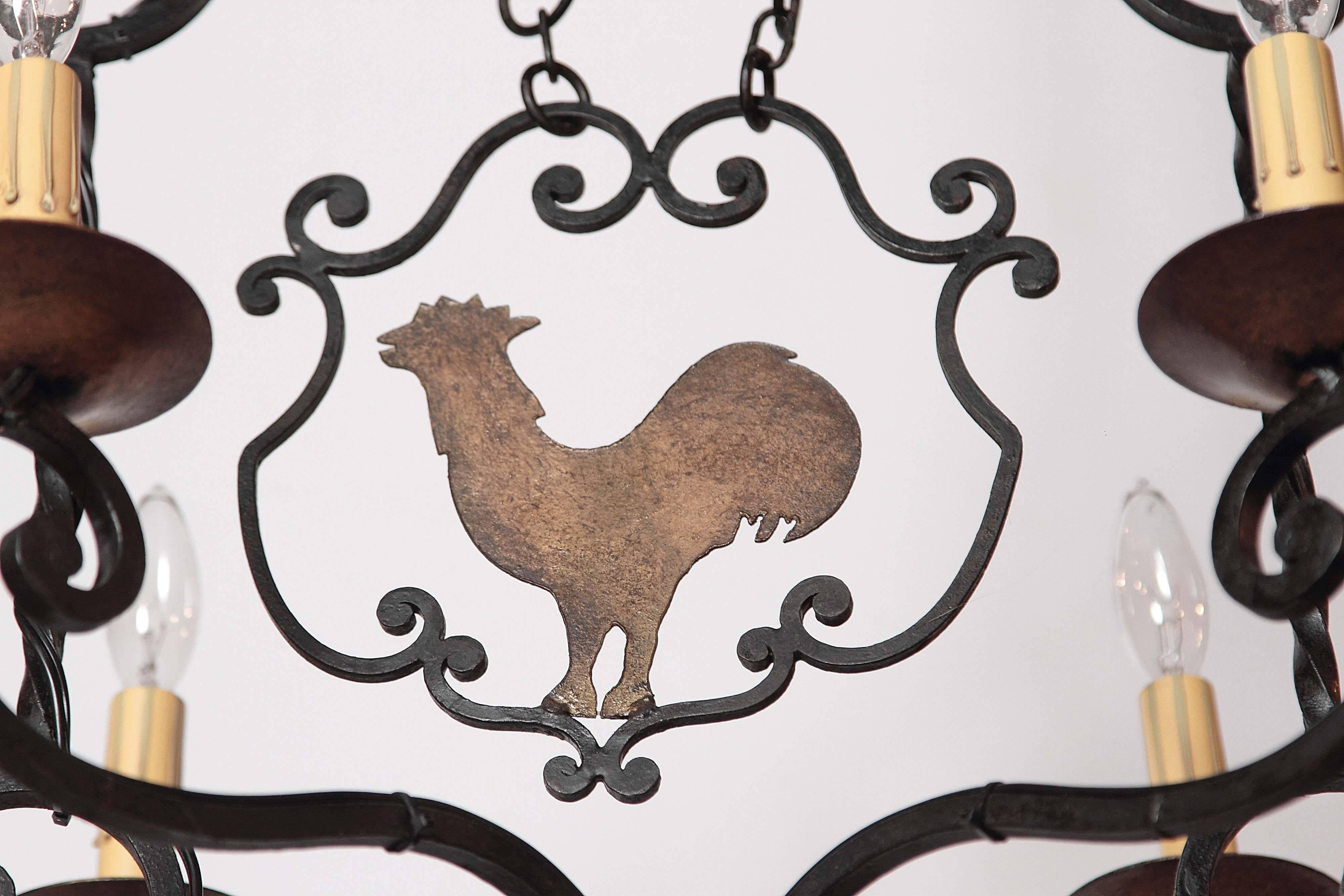 Early 20th Century French Six-Light Iron Chandelier with Center Rooster 2