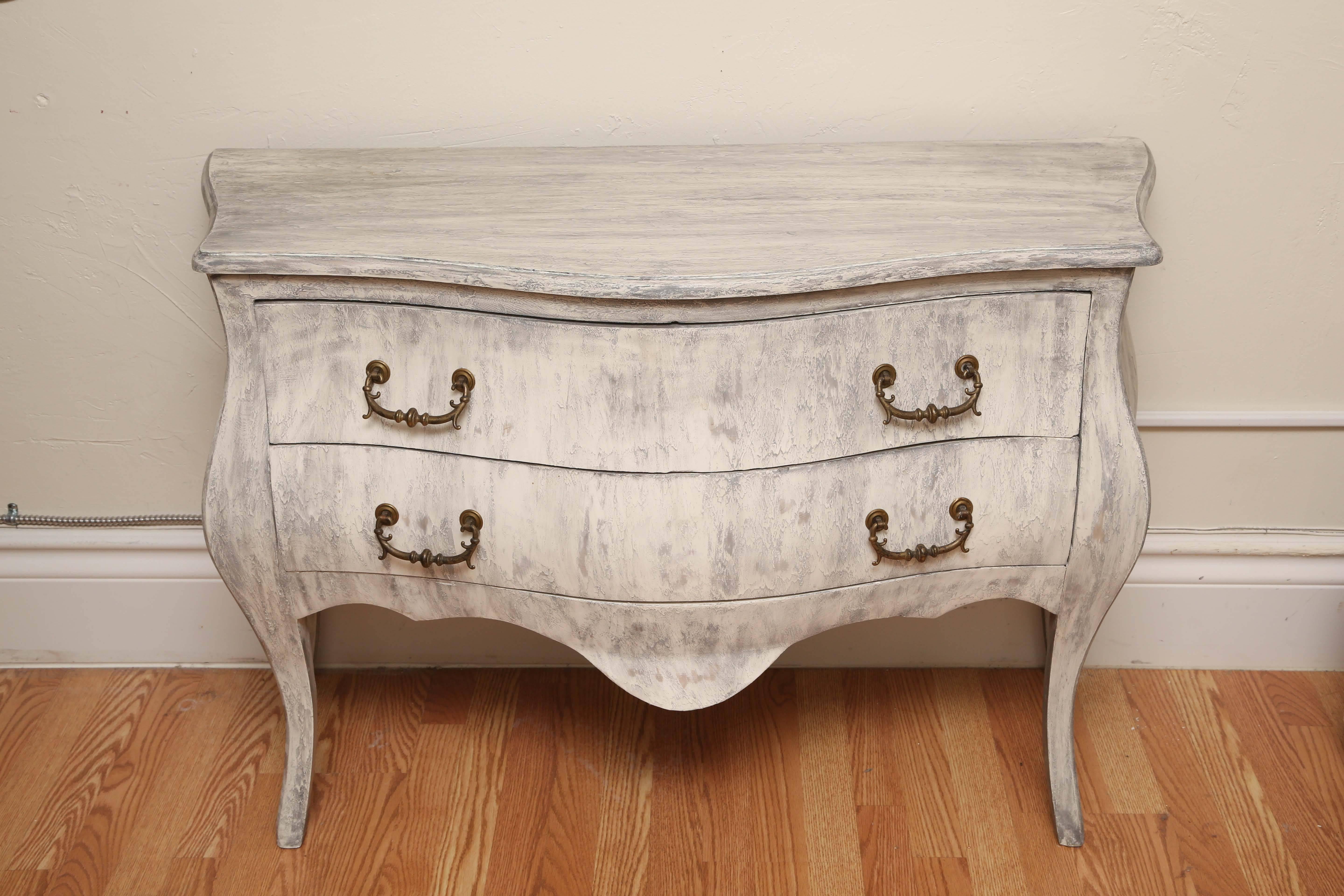 Lovely painted grey/white two-drawer commode with original pulls.