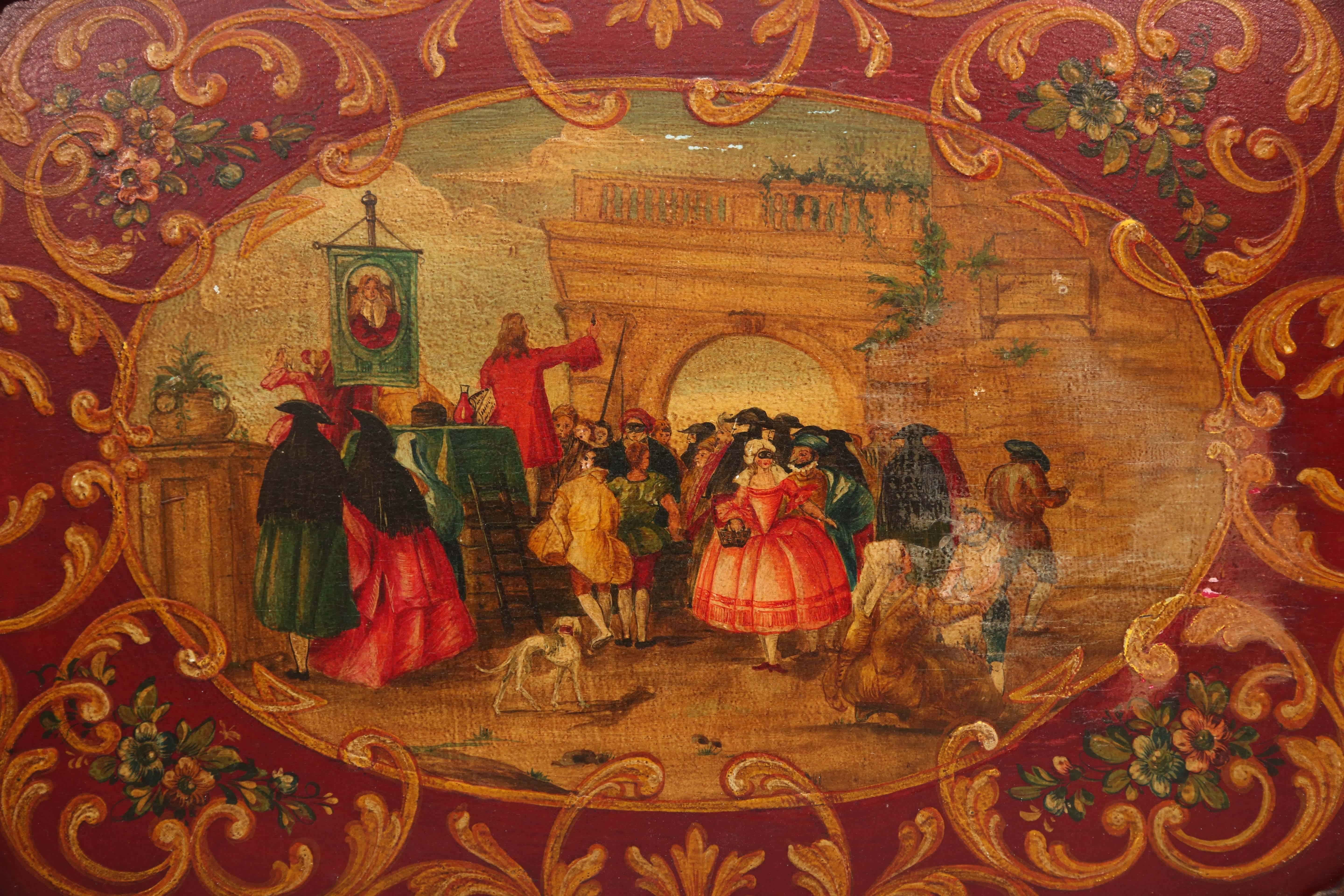 Detailed and colorful painting of a street scene, a serviceble tray with handles.