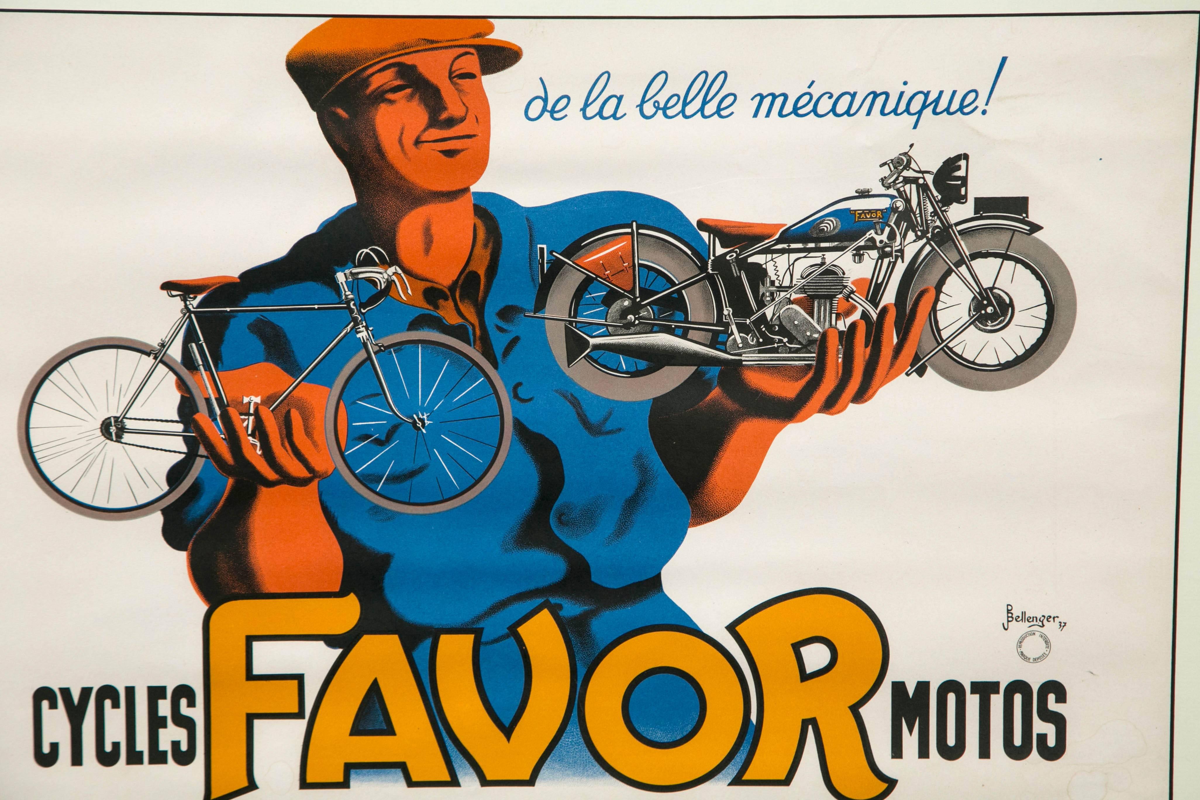Affiche publicitaire originale de moto pour la société française, Favor by Bellenger datée de 1937. Nouvellement encadré et mis sous passe-partout. Il a conservé ses couleurs vives et ses détails d'origine.
