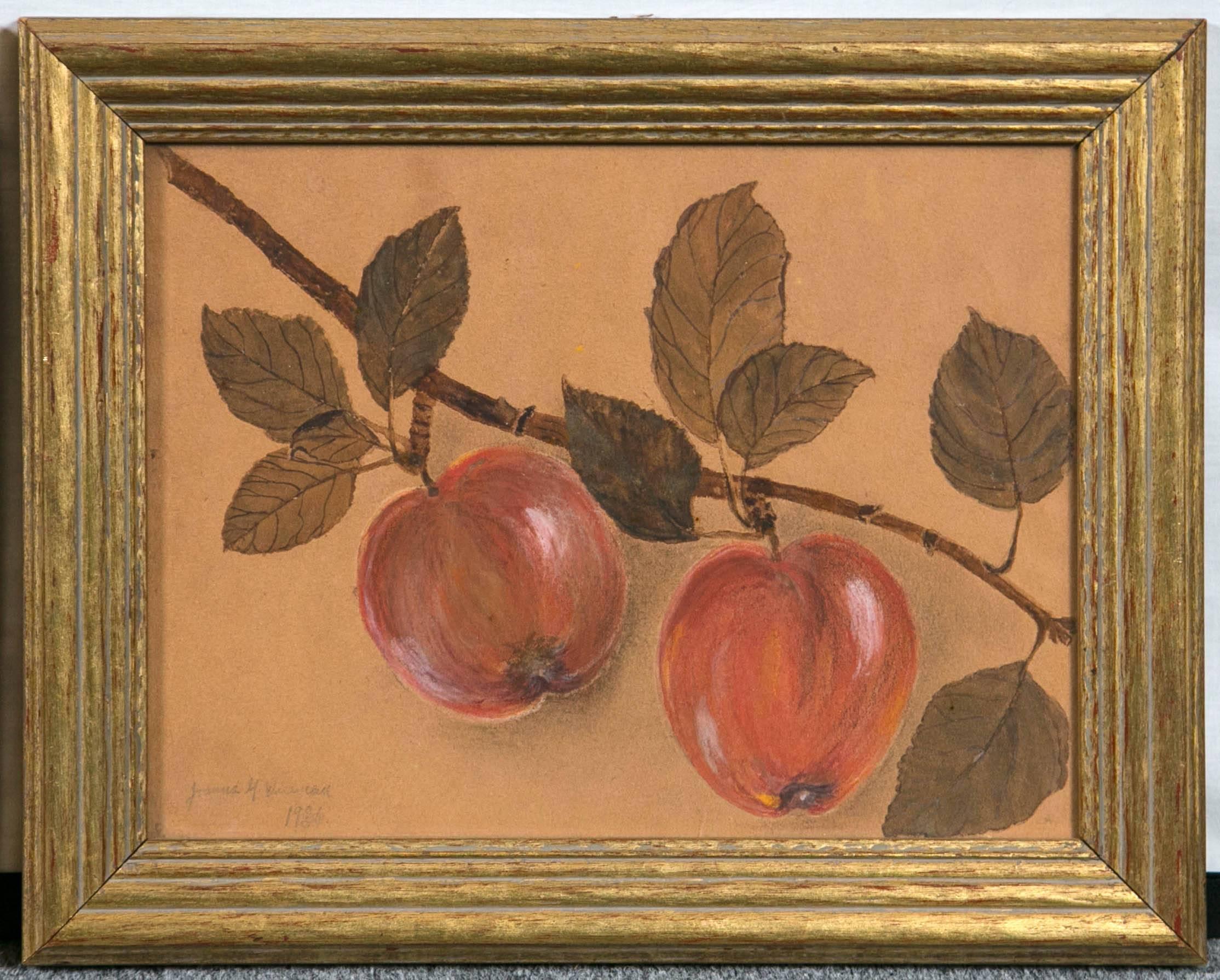 Pair of framed fruit paintings, circa 1930s. Charming gouache (opaque watercolor) studies of apple and pear fruit branches. Signed and dated, lower left. Custom giltwood frames by John M. Wiseman, Newport, Rhode Island.