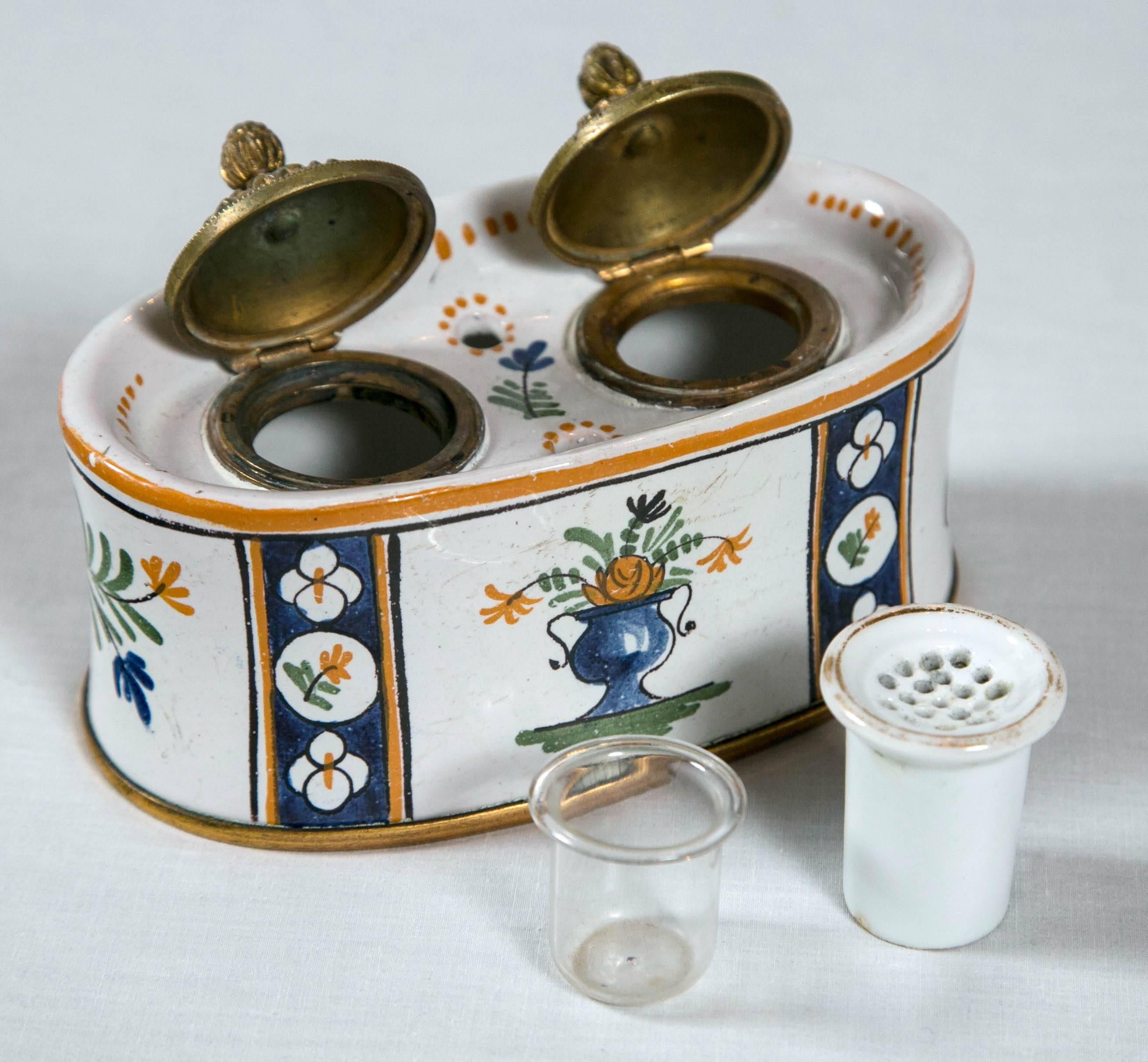 Hand-Painted French Faience Inkwell, Late 19th Century