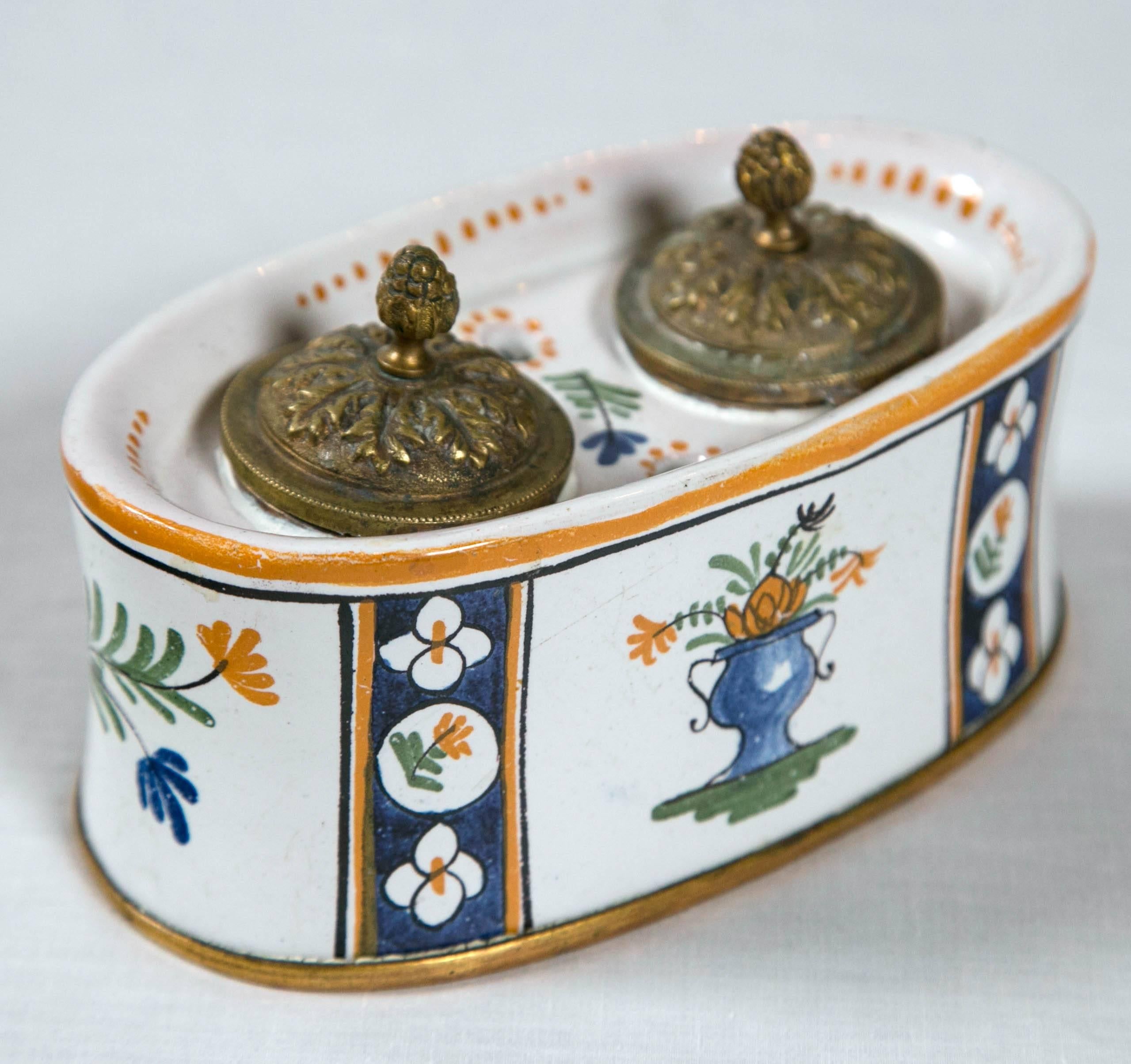 Bronze French Faience Inkwell, Late 19th Century