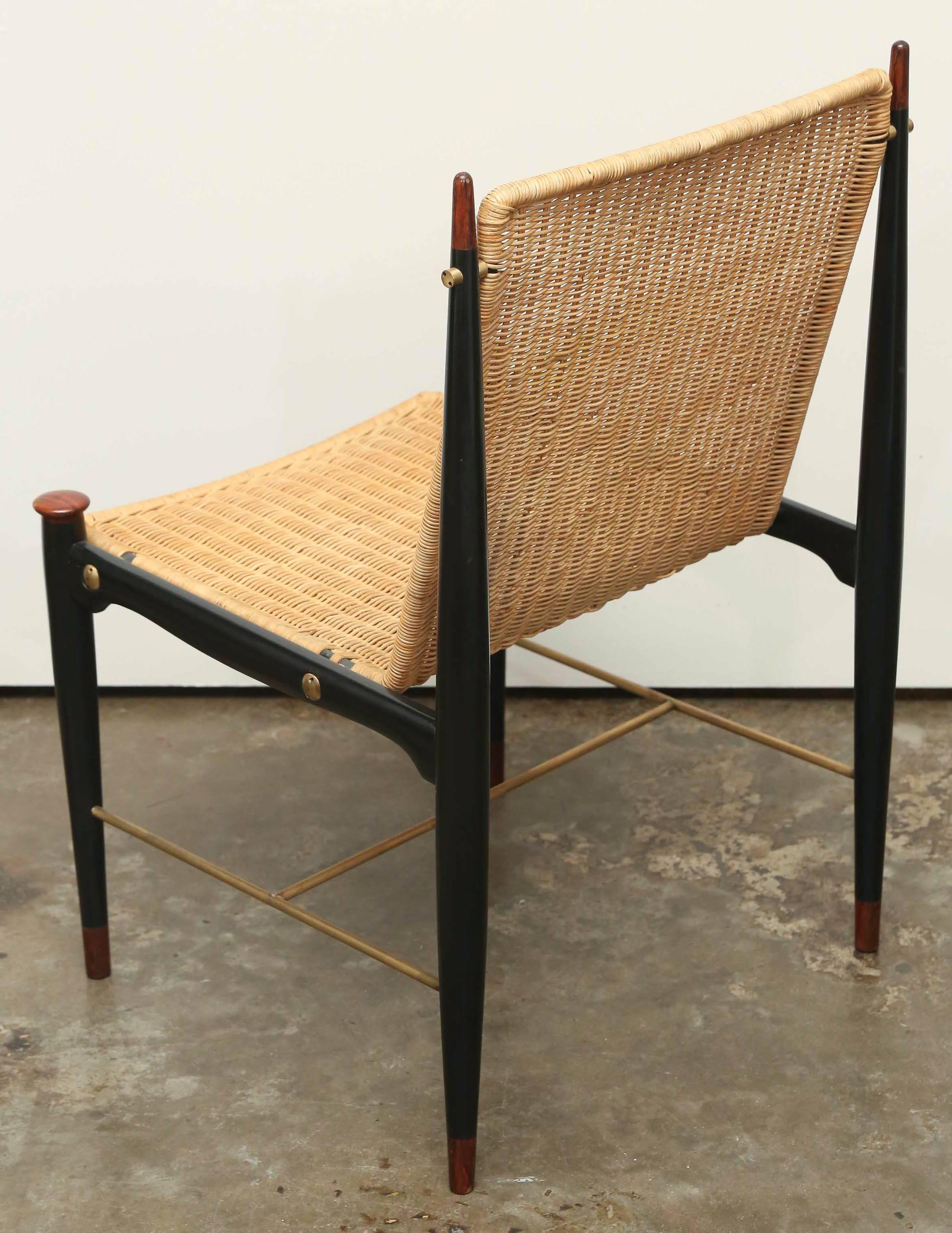 Mid-Century Modern Pr Frank Kyle Mexican Mid Century Modernist Wood, Brass & Wicker Lounge Chairs