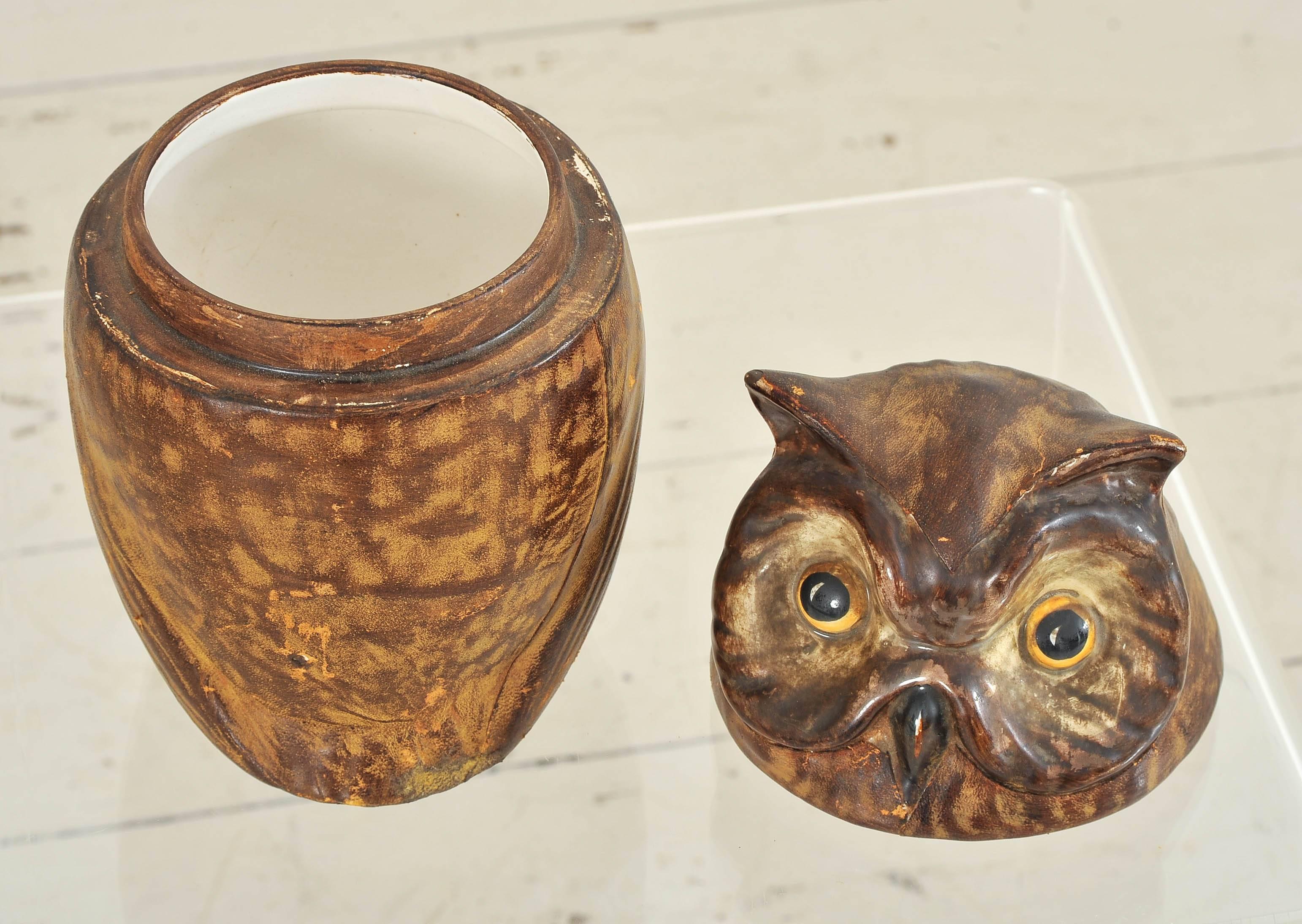 Folk Art French Ceramic and Leather Owl Cookie Jar