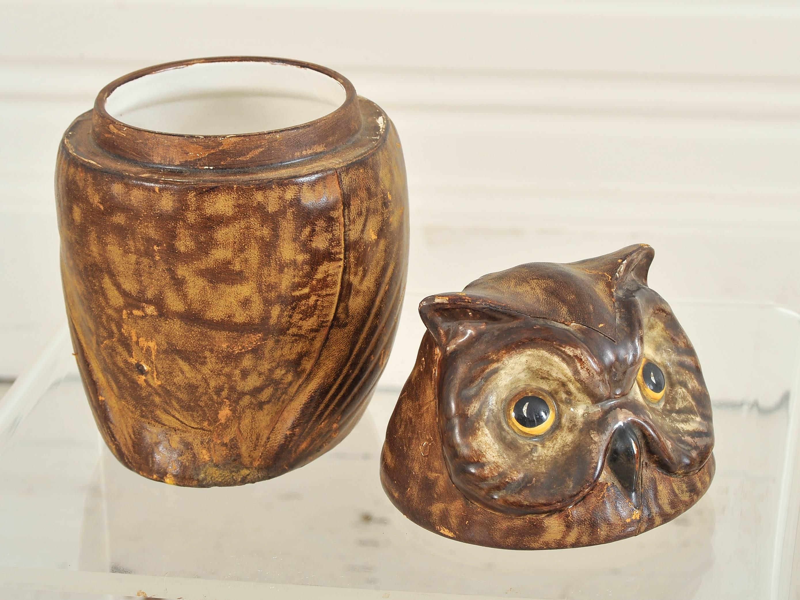 French Ceramic and Leather Owl Cookie Jar In Excellent Condition In Kent, GB