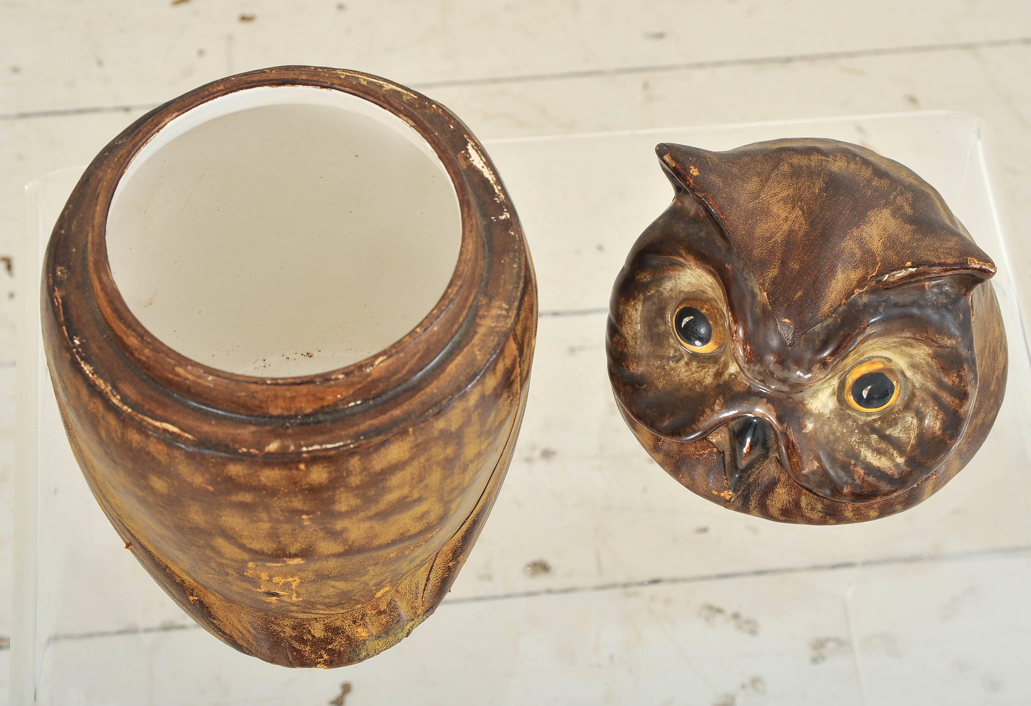20th Century French Ceramic and Leather Owl Cookie Jar