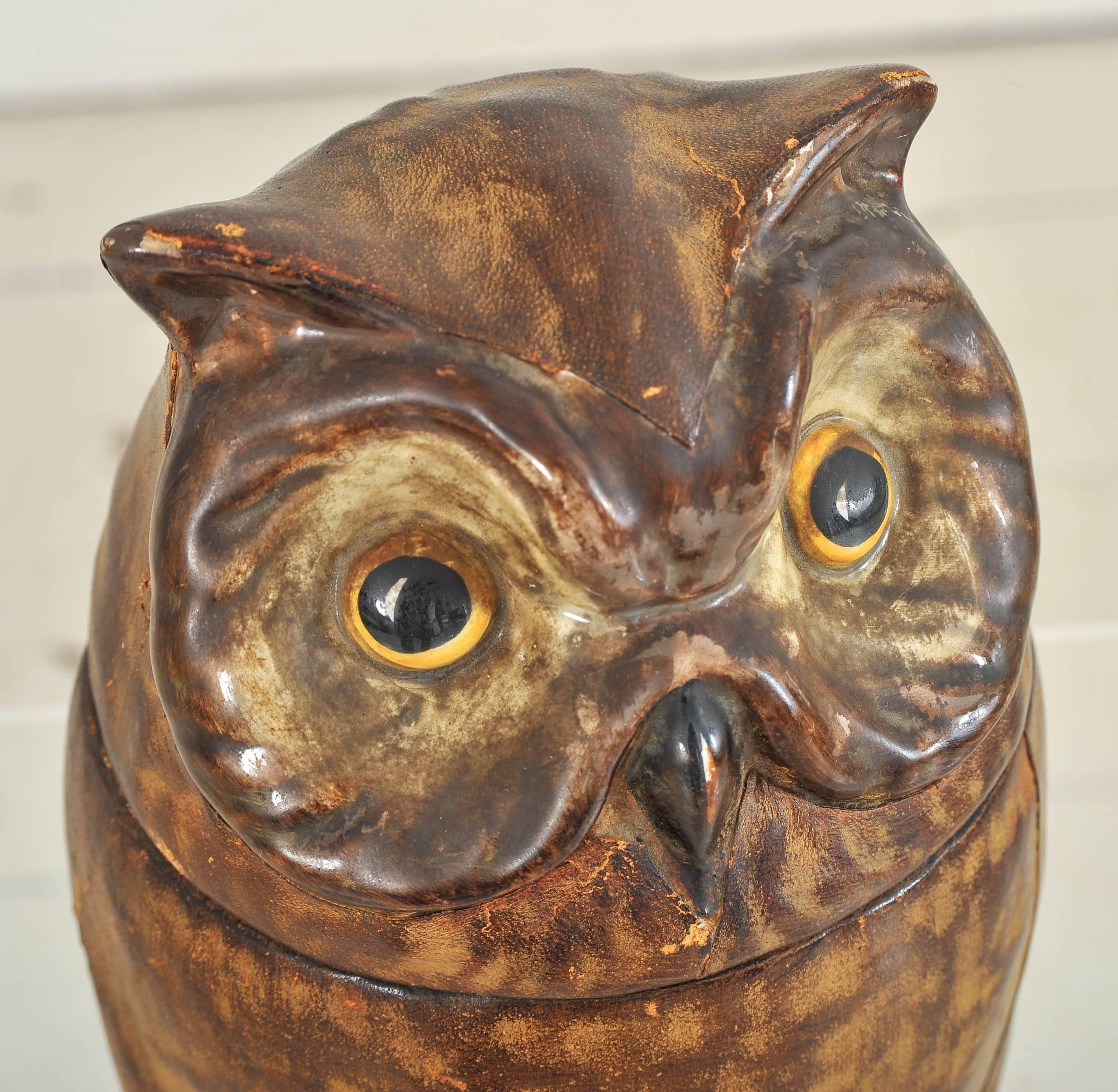 French Ceramic and Leather Owl Cookie Jar 1