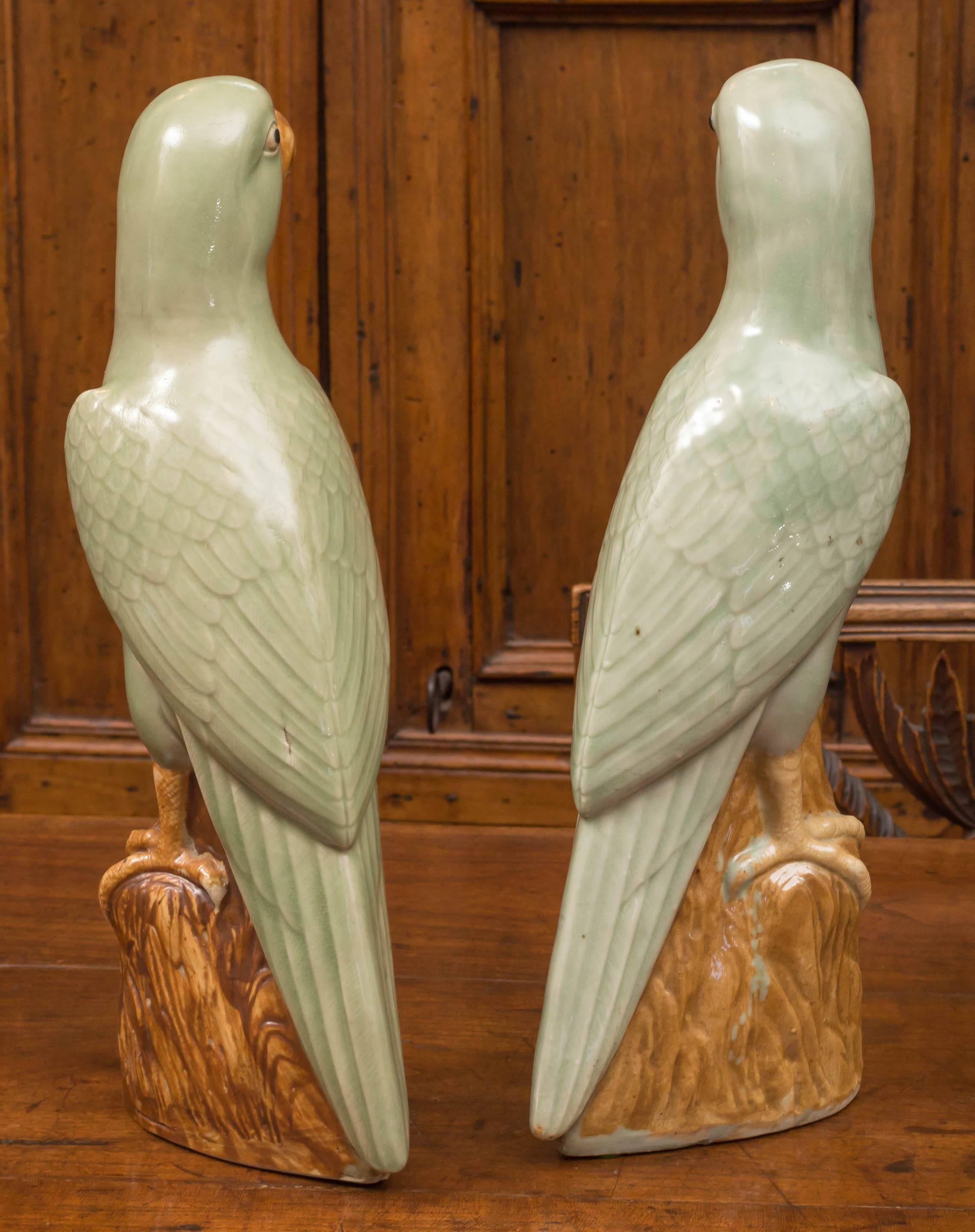 Glazed Pair of Chinese Porcelain Celadon and Brown Glaze Parrots, circa 1920