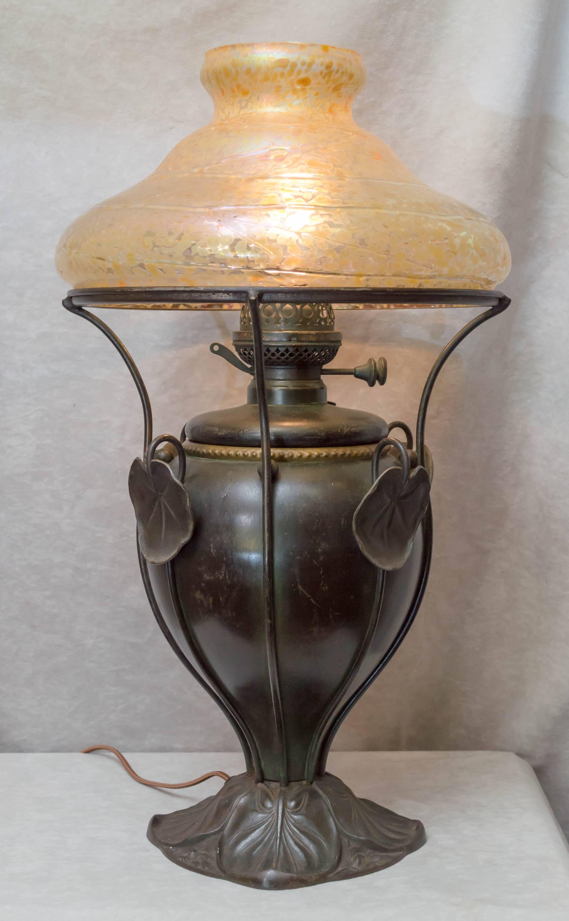 American Art Nouveau Bradley & Hubbard Kerosene Lamp with Handblown Shade