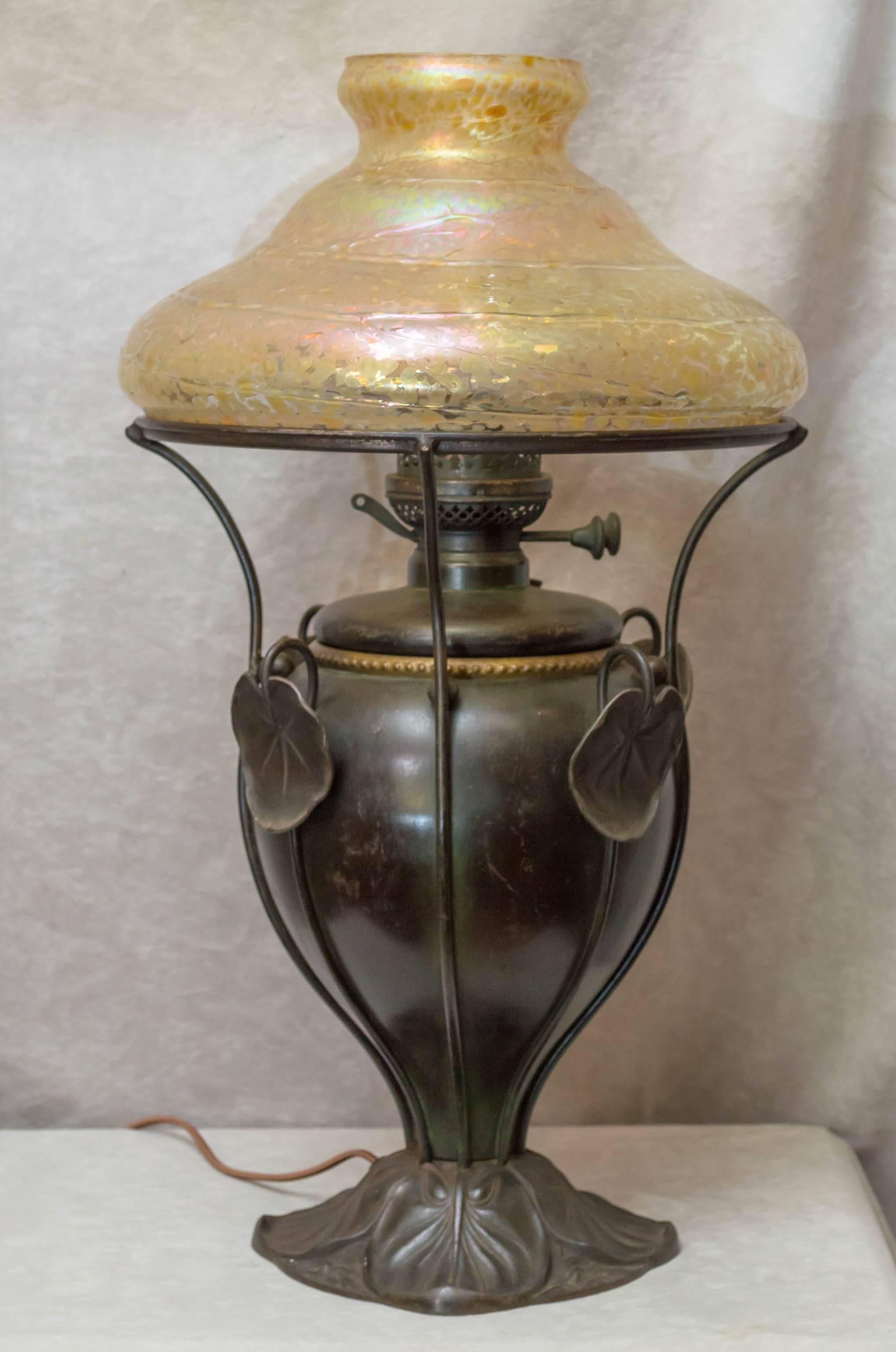 Hand-Crafted Art Nouveau Bradley & Hubbard Kerosene Lamp with Handblown Shade