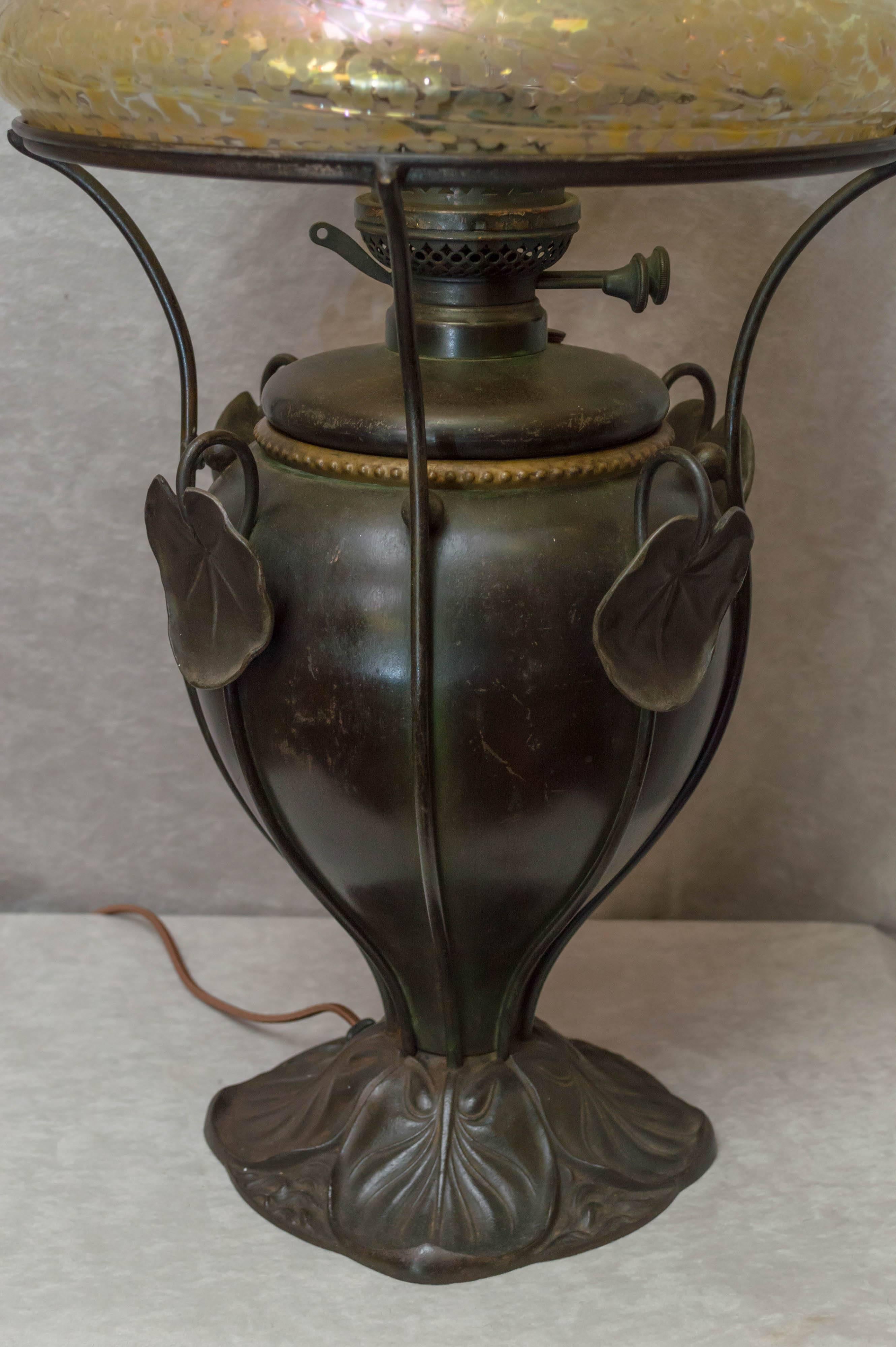 Art Nouveau Bradley & Hubbard Kerosene Lamp with Handblown Shade In Excellent Condition In Petaluma, CA