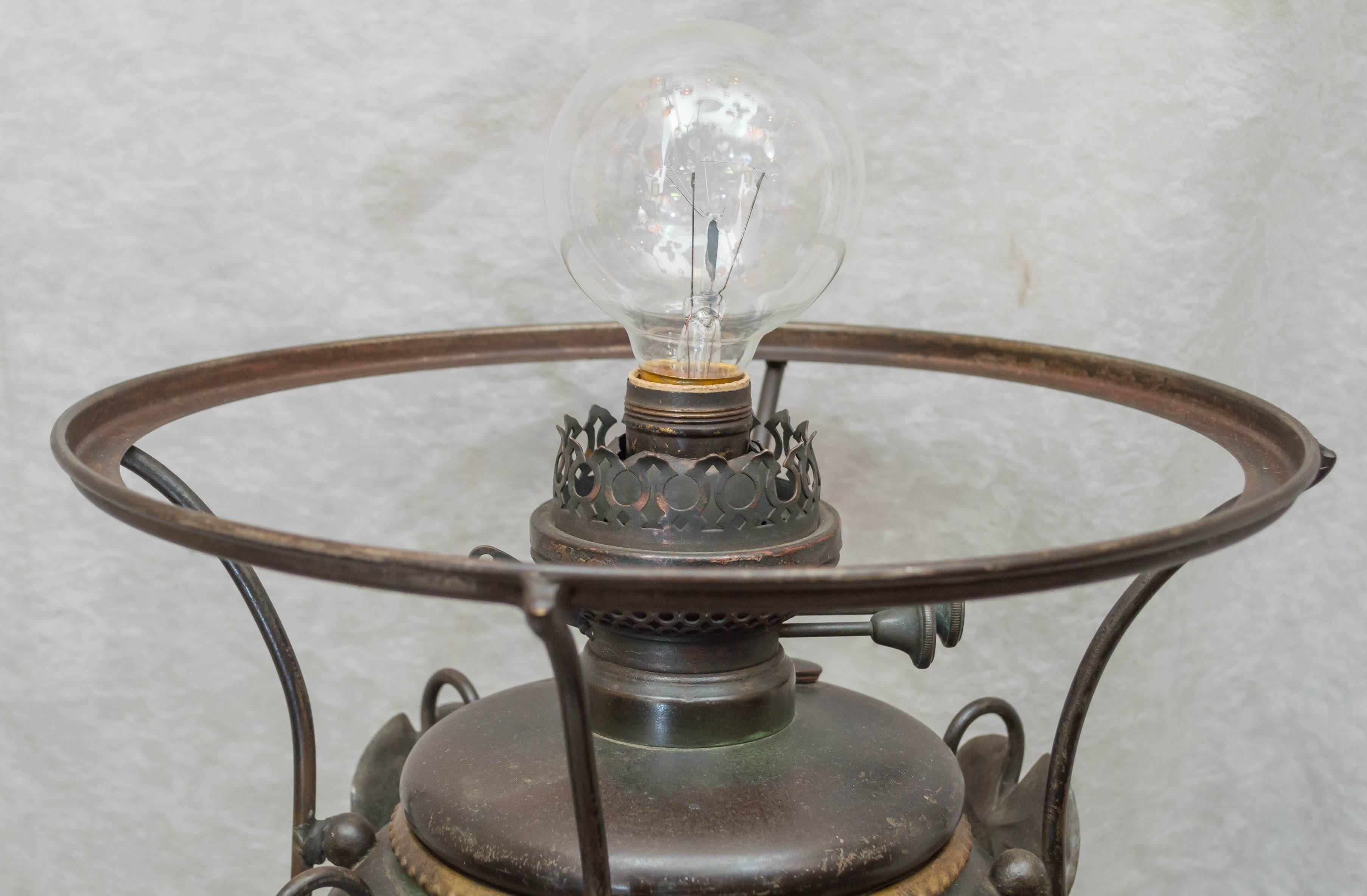 Art Nouveau Bradley & Hubbard Kerosene Lamp with Handblown Shade 1