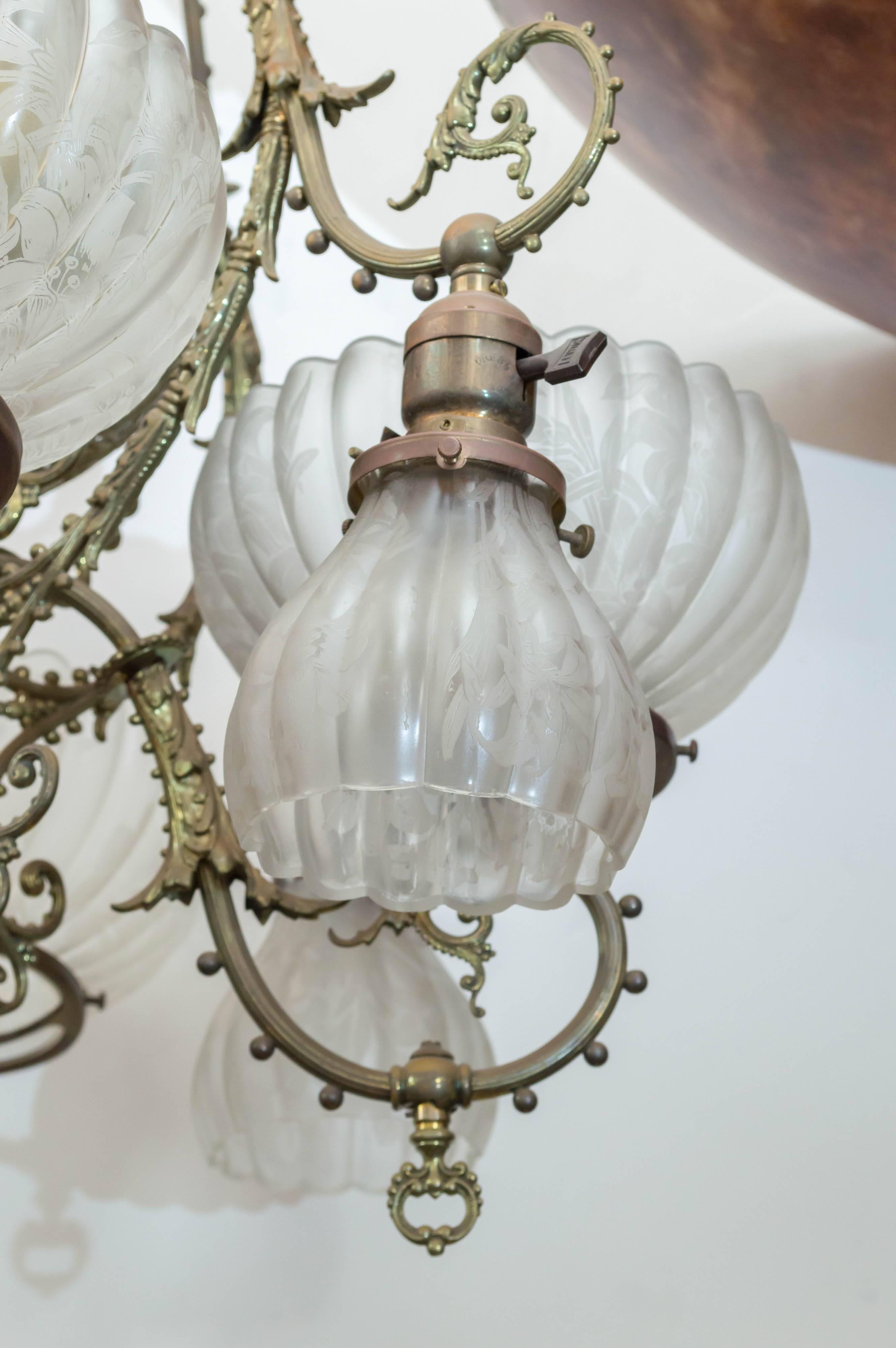 American Late Victorian Aesthetic Eight-Arm Gas and Electric Chandelier