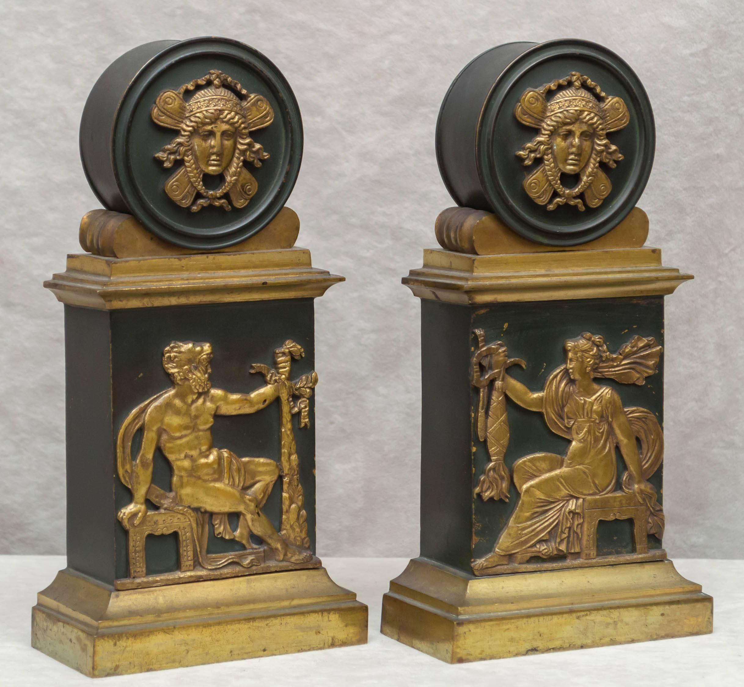 Pair of Empire Patinated and Gilt Bronze Bookends In Excellent Condition In Petaluma, CA