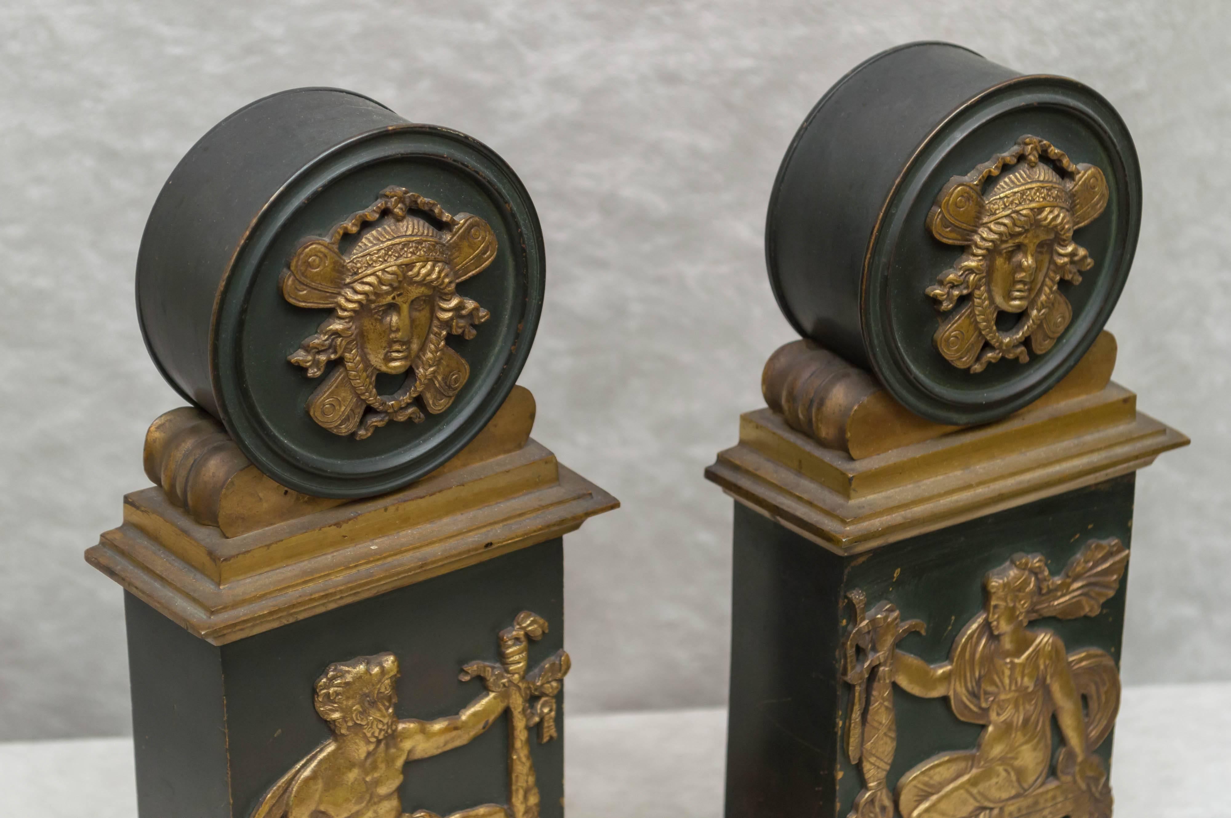 19th Century Pair of Empire Patinated and Gilt Bronze Bookends