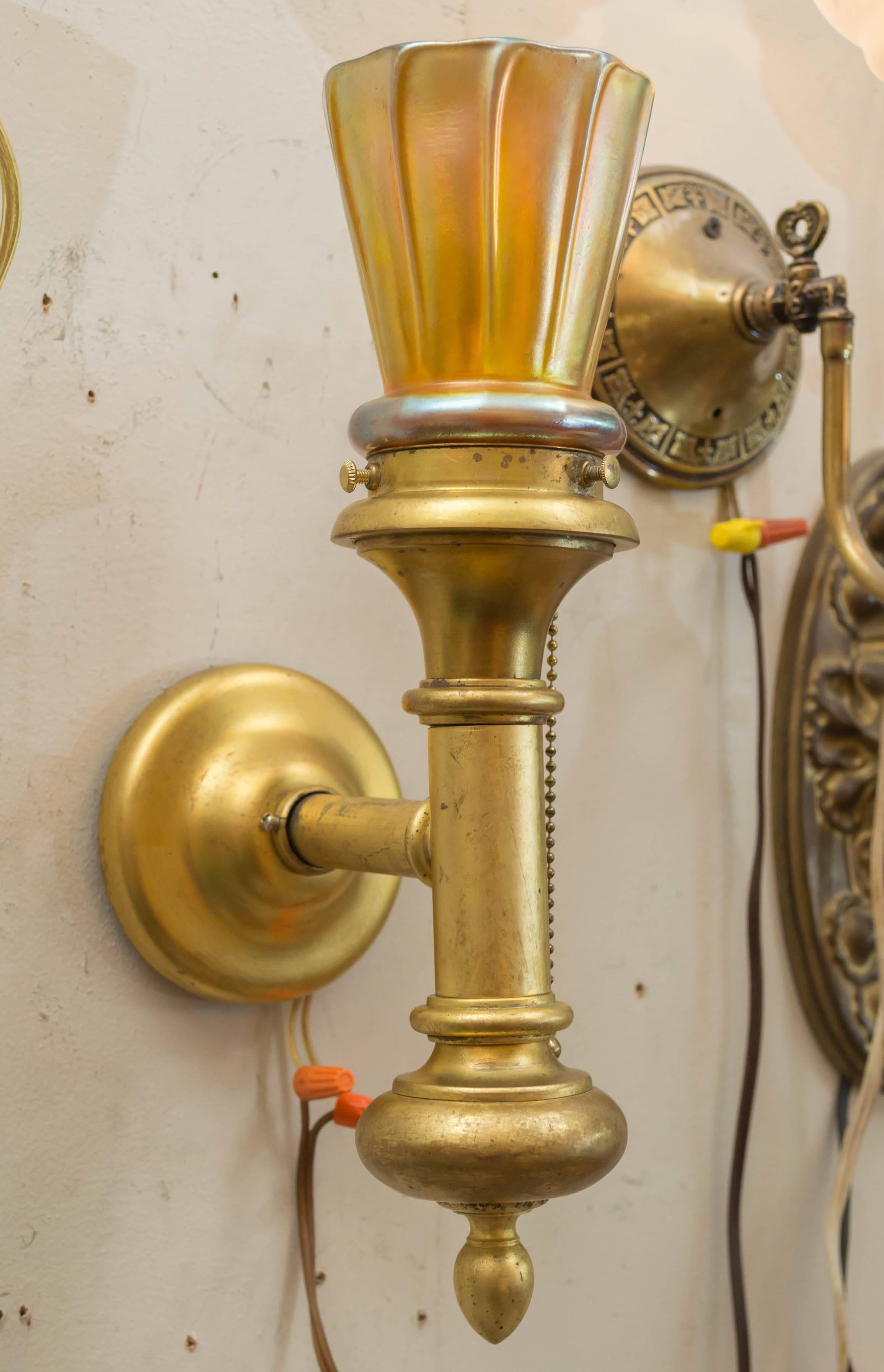 Arts and Crafts Pair of Gilt Bronze and Art Glass Sconces For Sale