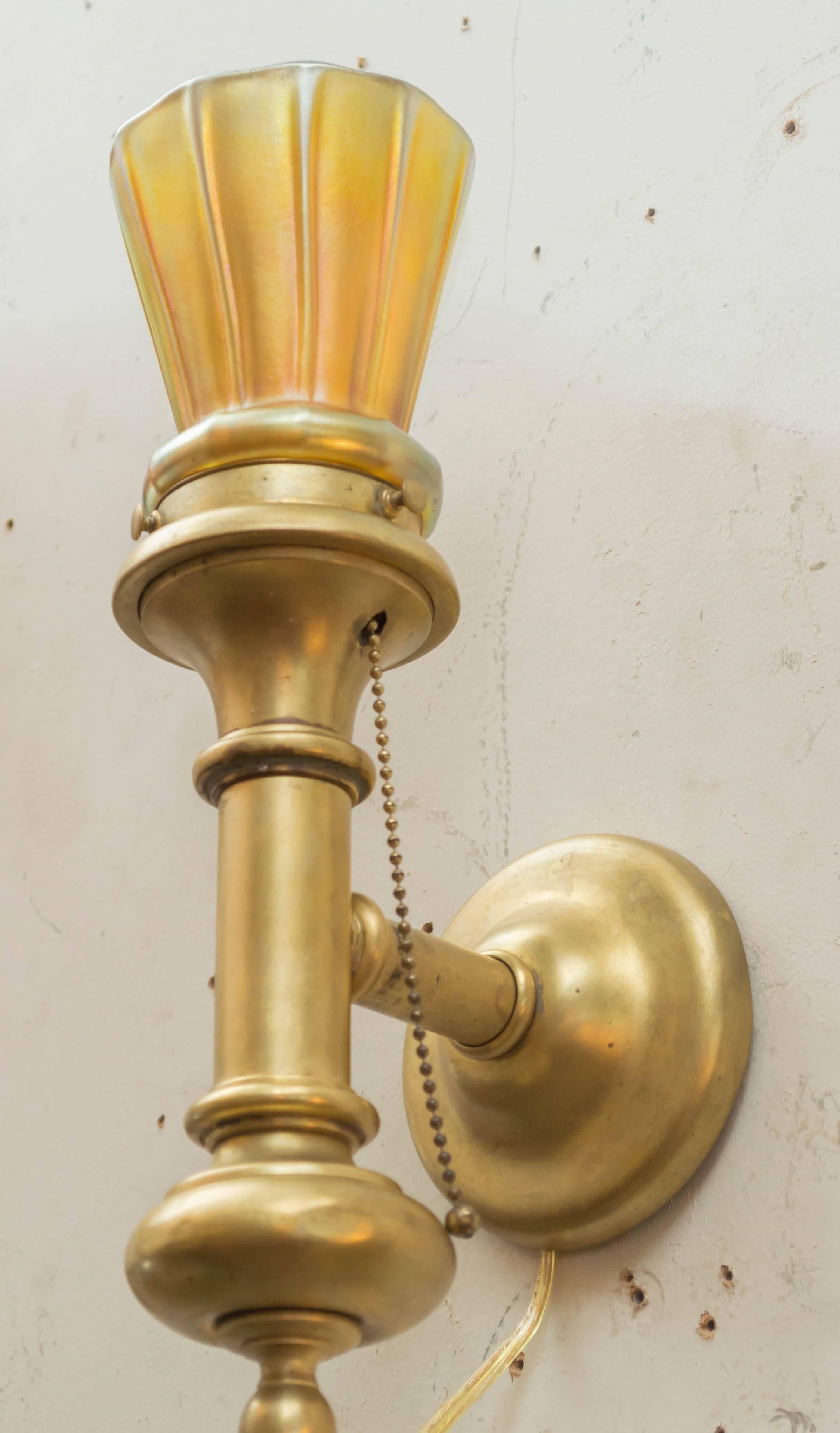 Pair of Gilt Bronze and Art Glass Sconces In Good Condition For Sale In Petaluma, CA