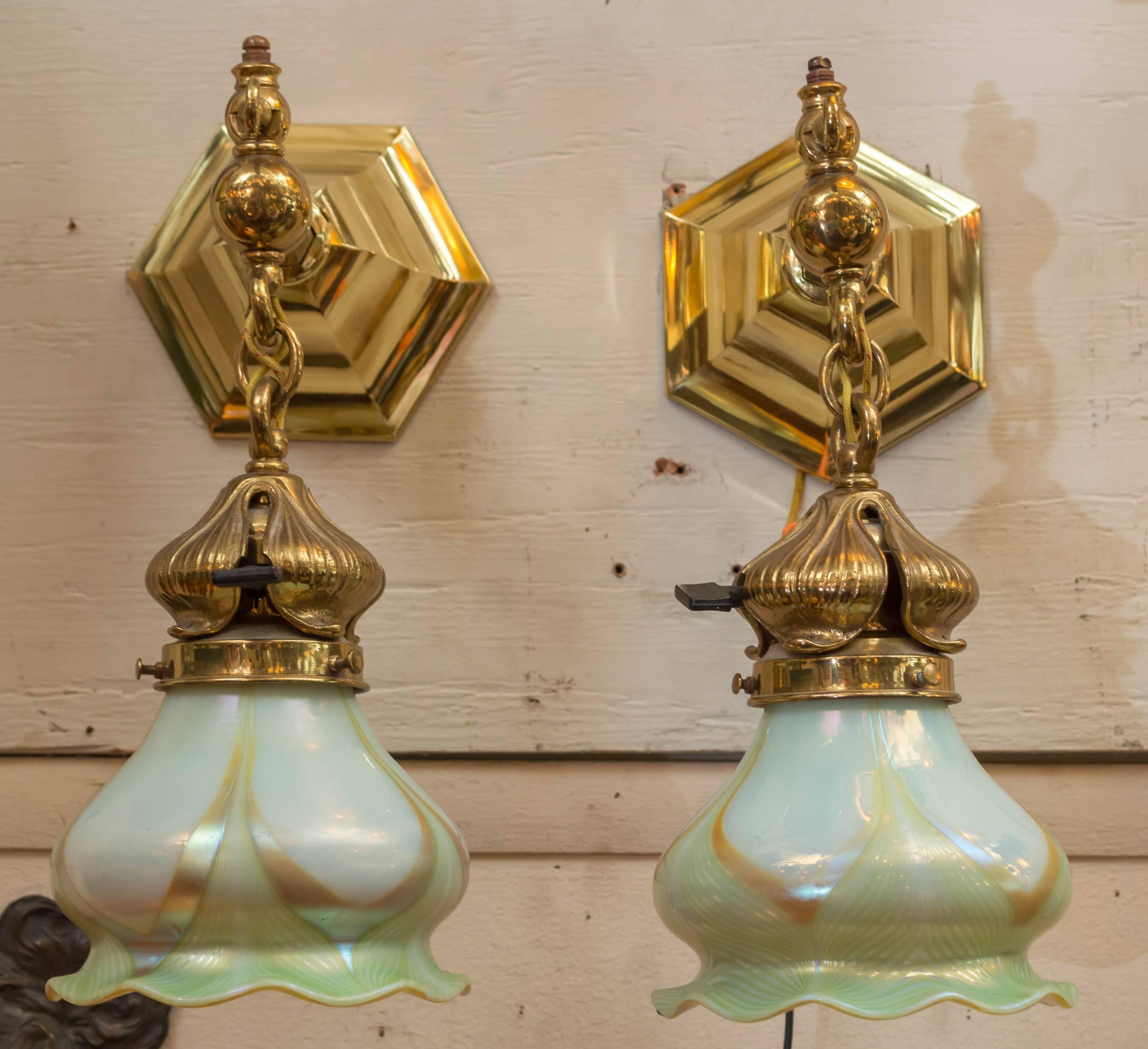 Hand-Crafted Pair of Art Nouveau Sconces with Pulled Feather Art Glass Shades