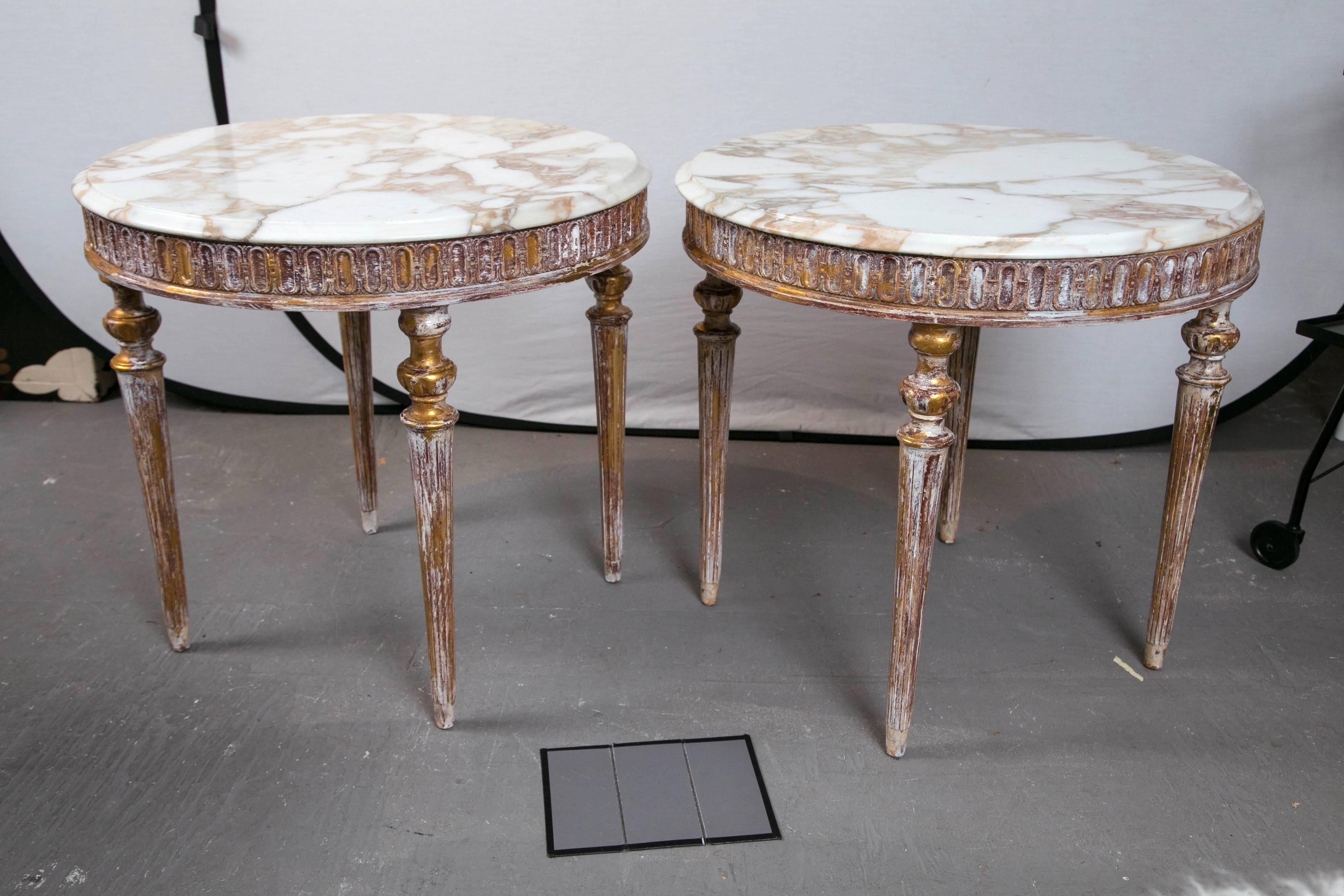 Marble-top carved and gilded Italian end tables. Refinished.
