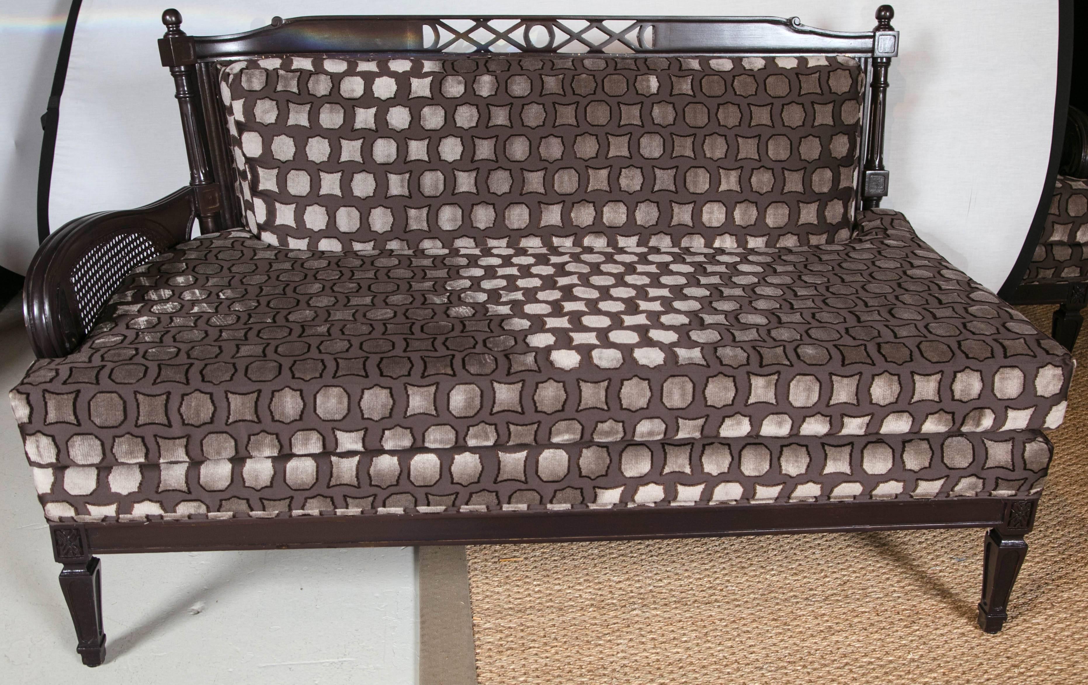 Pair of exquisitely upholstered loveseats from Italy. Espresso brown print fabric from Dedar of Milano.