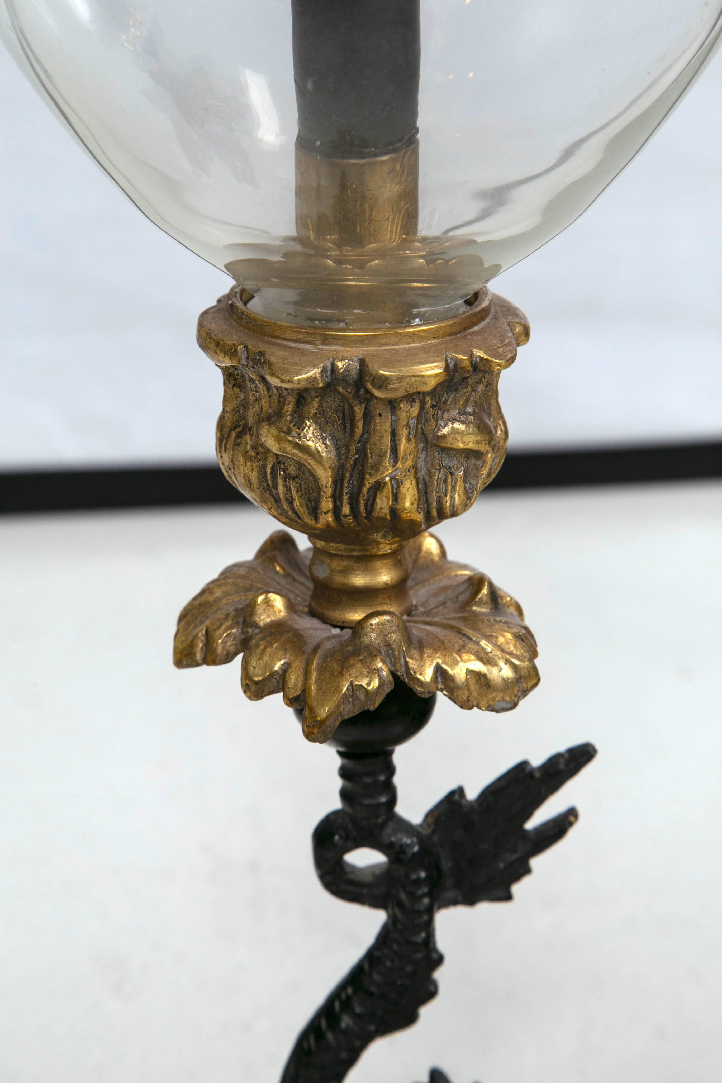 Pair of Brass Dolphin Candlesticks with Globes In Excellent Condition In Stamford, CT