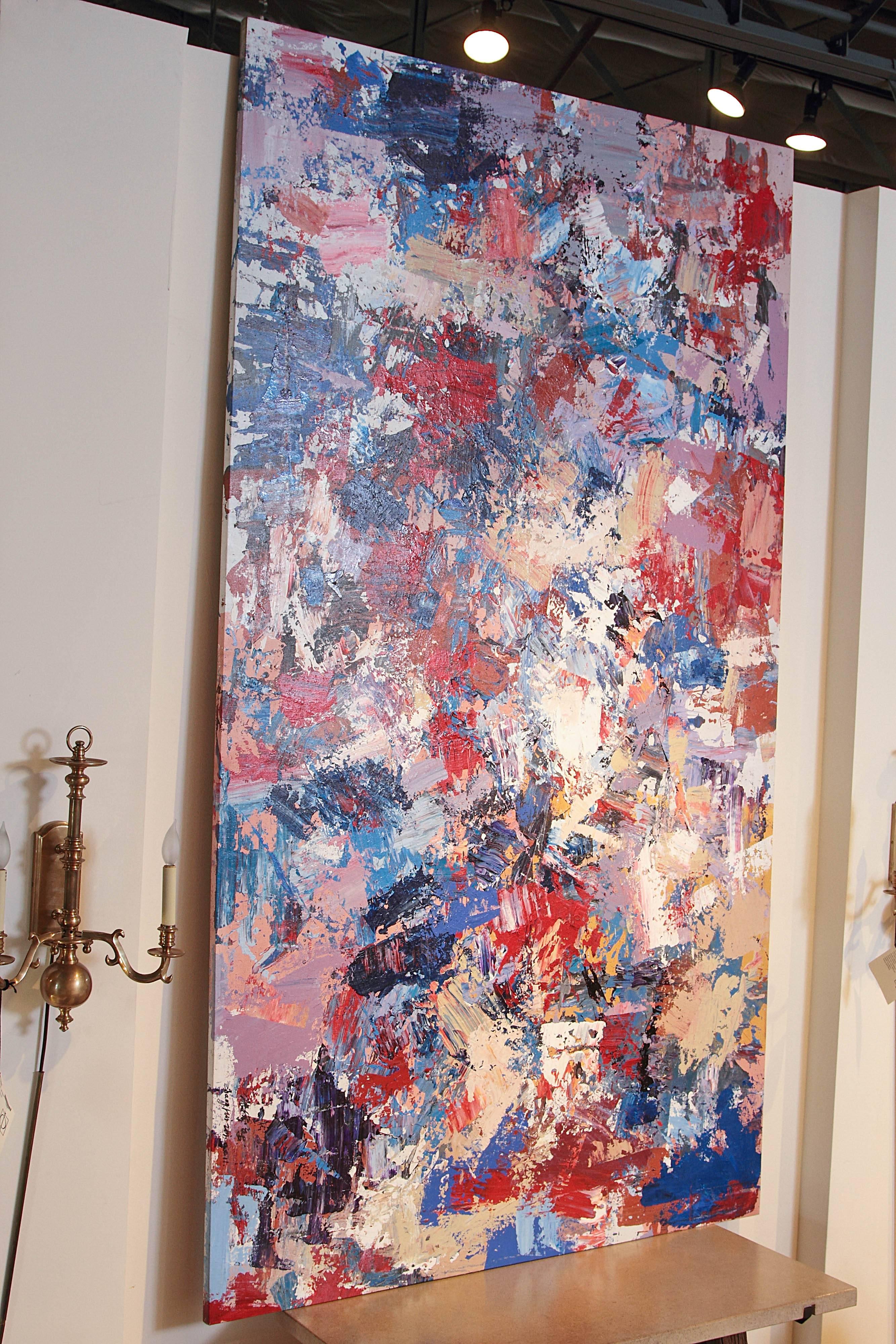 Original large oil abstract painting on canvas cloth, 98 x 56

 Vibrant colors fill the canvas with assortment of blue, red, purple, pink, white, brown and beige. Painting can be positioned horizontal or vertical. Cloth canvas, frame not included. 