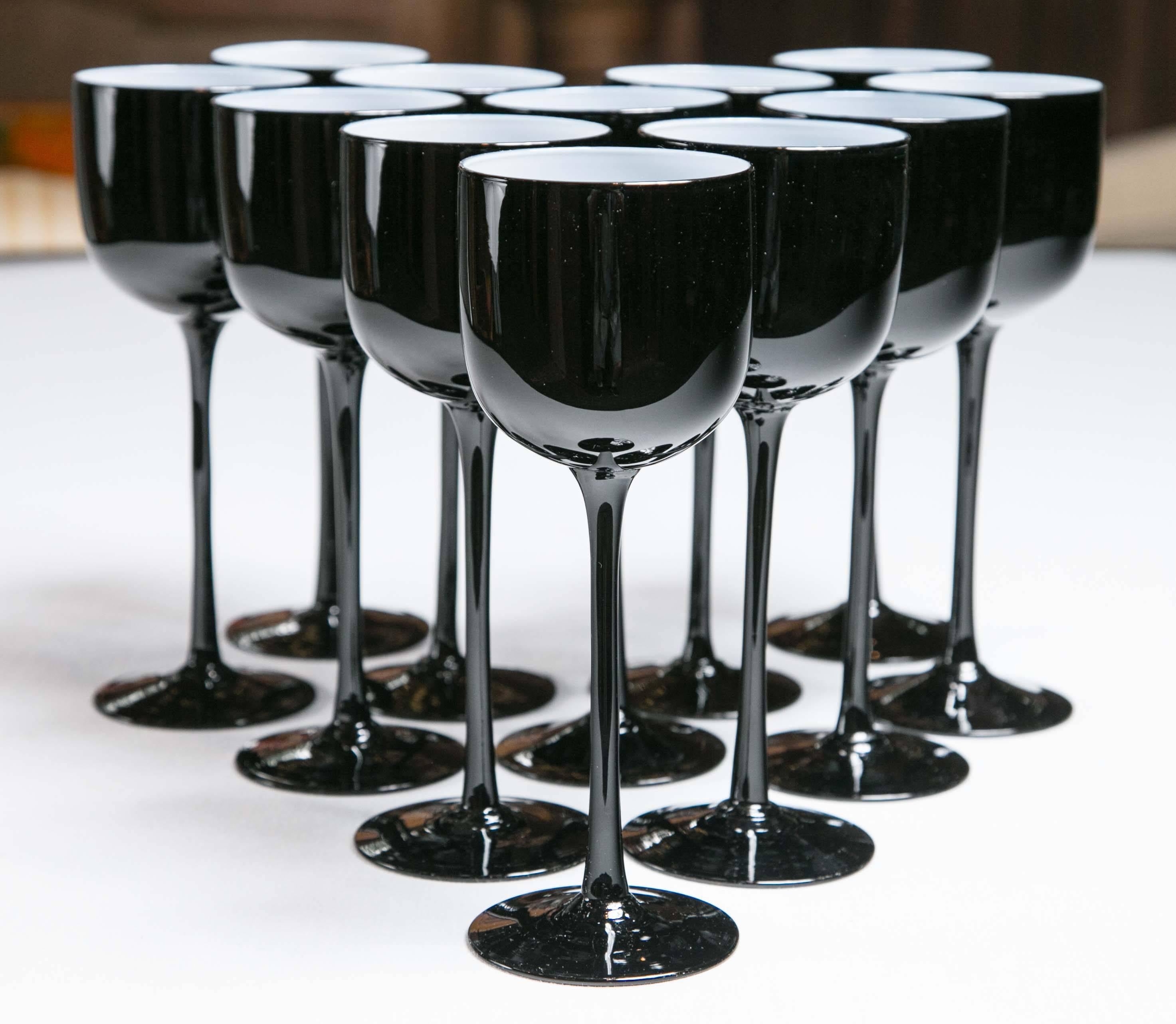 1960s set of Carlo Moretti black and white cased glass wine glasses.
  