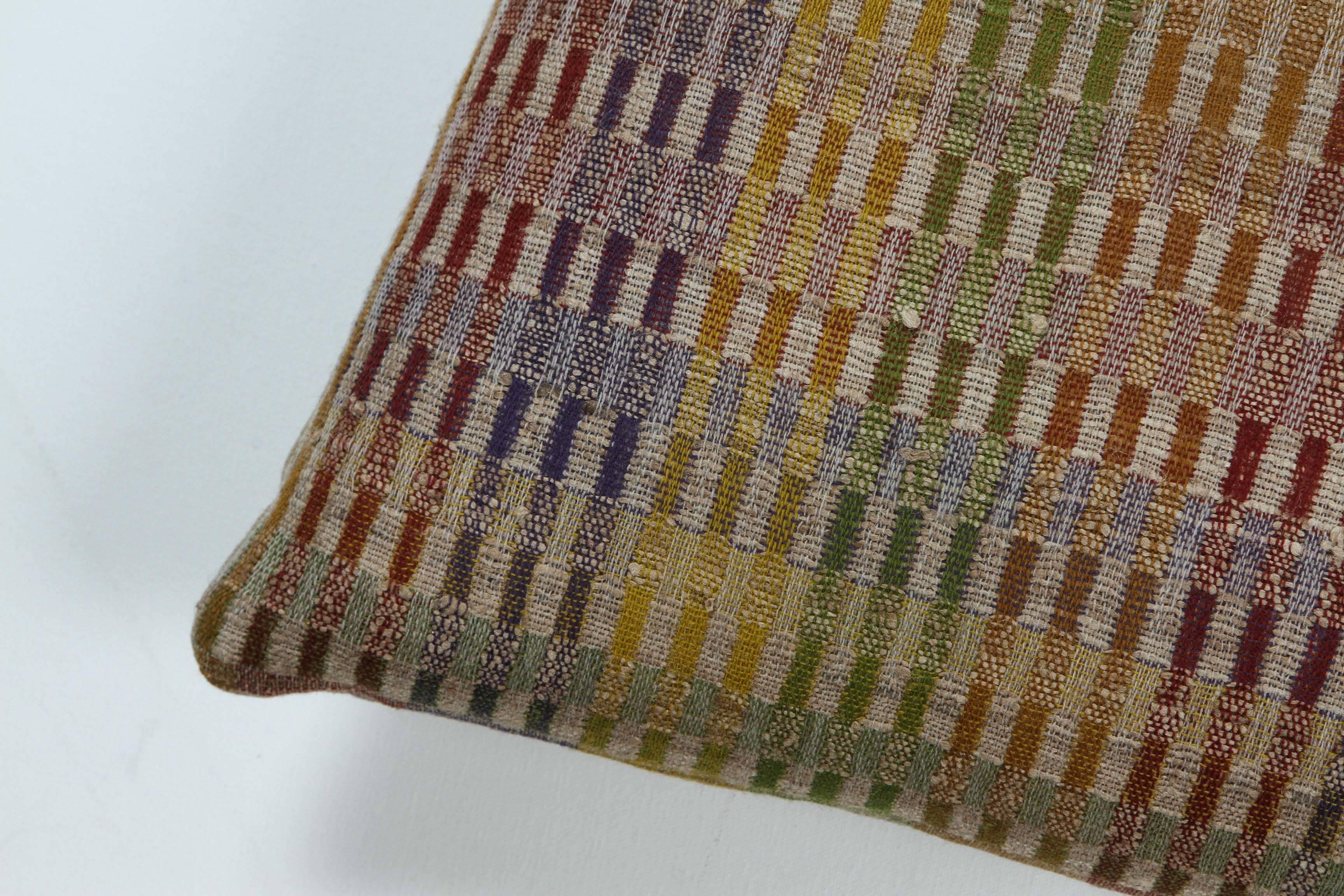 Bauhaus Indian Hand Woven Pillow.   Red, Orange, Green, Yellow, Purple.   Wool and silk. For Sale