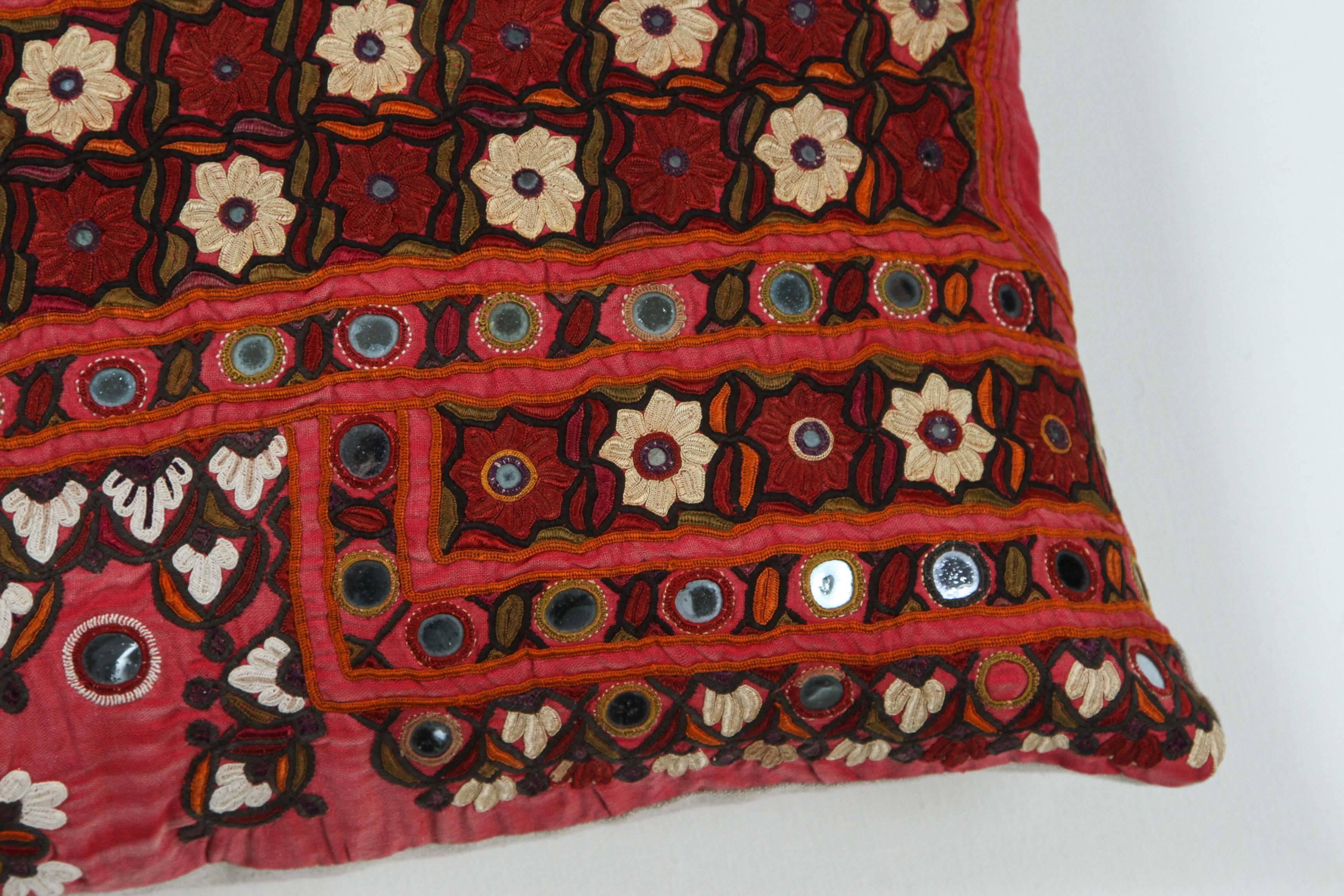 Embroidered Indian Mirrored Shisha Pillow.  Red.  Ivory.  Dark Red. For Sale