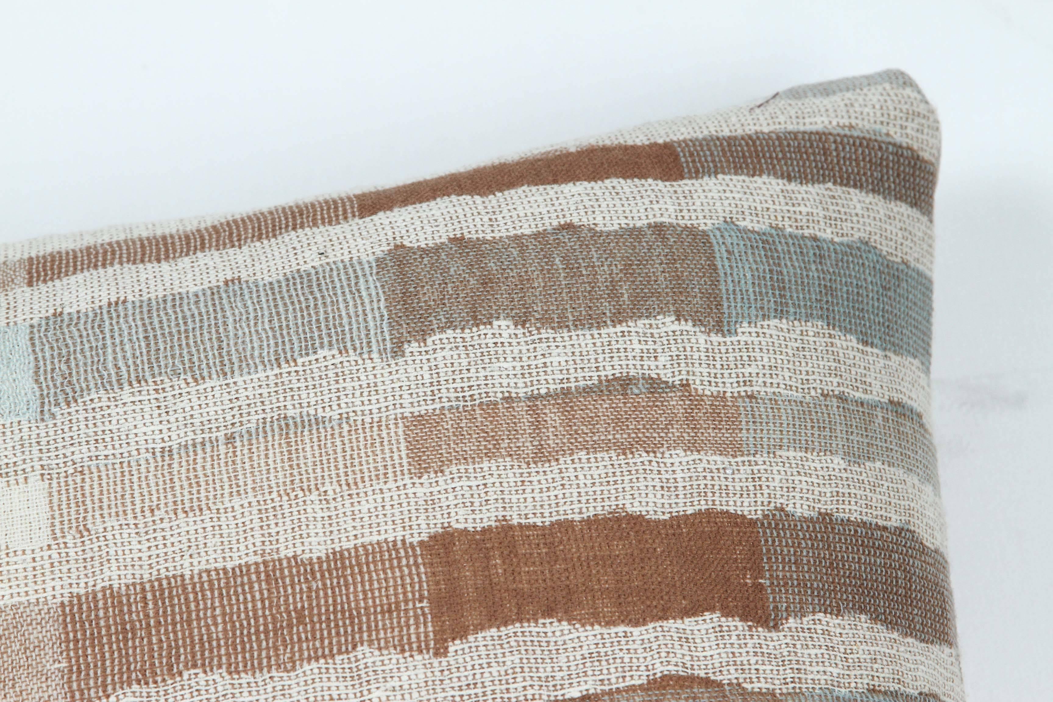Hand-Woven Indian Hand oven Pillow.  Light Blue.  Brown.  Gray.  Ivory.  Wool and Silk.  For Sale