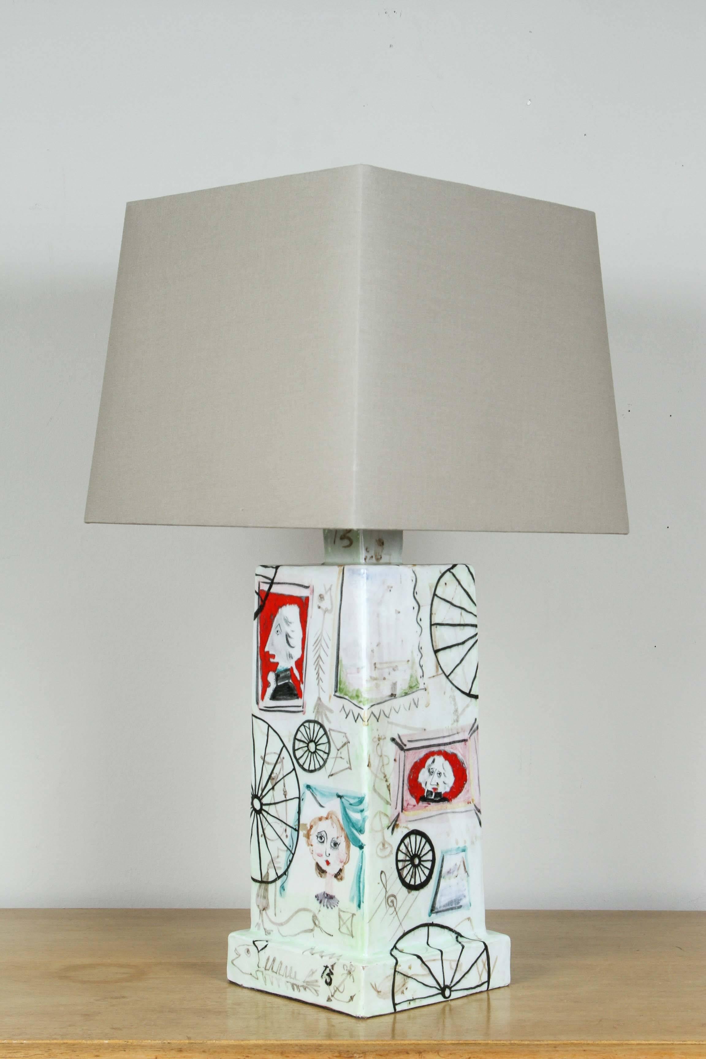 Mid-Century Modern Pair of Mid-Century Italian Painted Ceramic Table Lamps.  Gray. Red. Blue.  For Sale