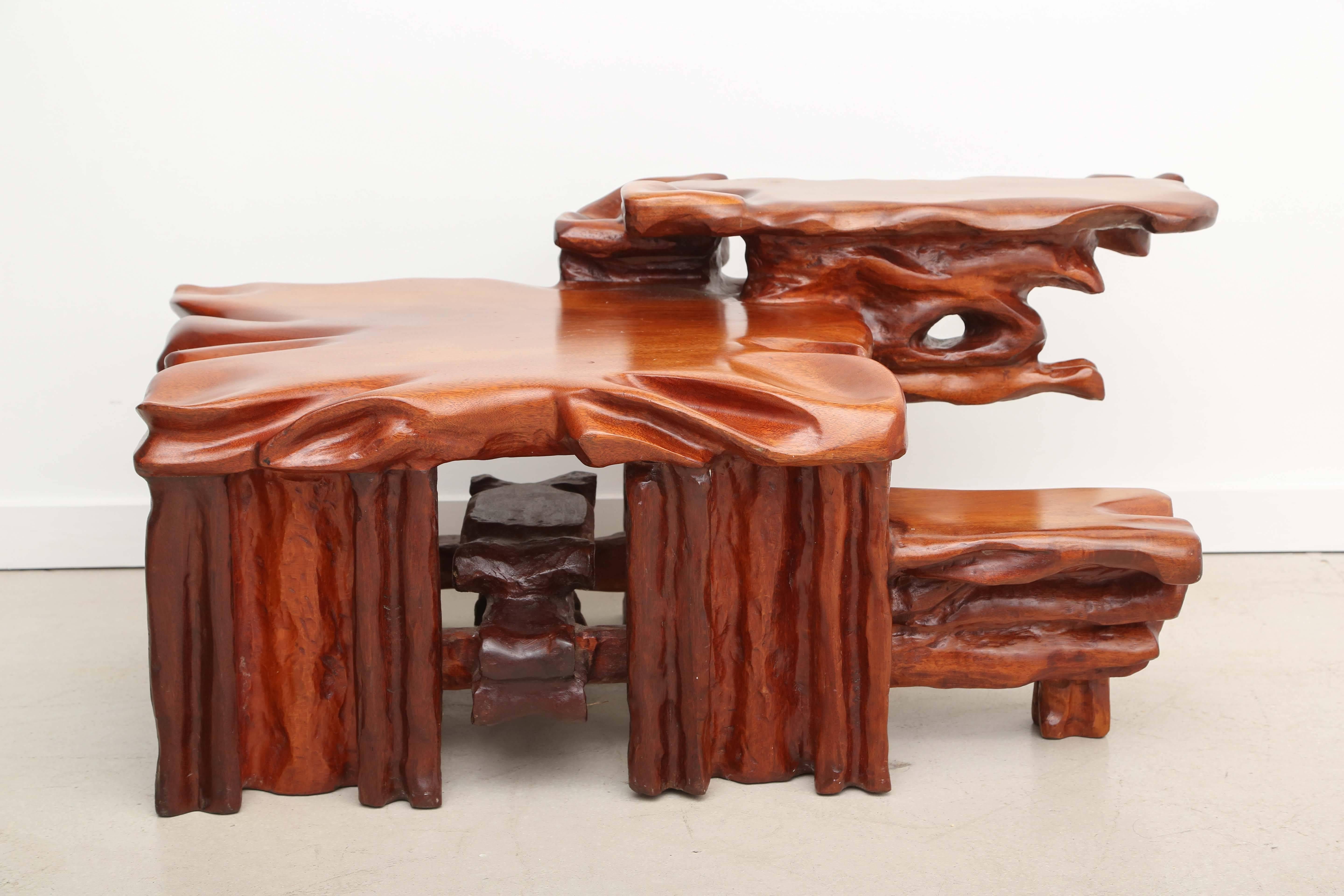 One-of-a-kind hand-carved, sculptural three-tier wooden coffee table reminiscent of root structures or mushrooms. The origin is unknown, but lends a nod to the work of J B Blunk.