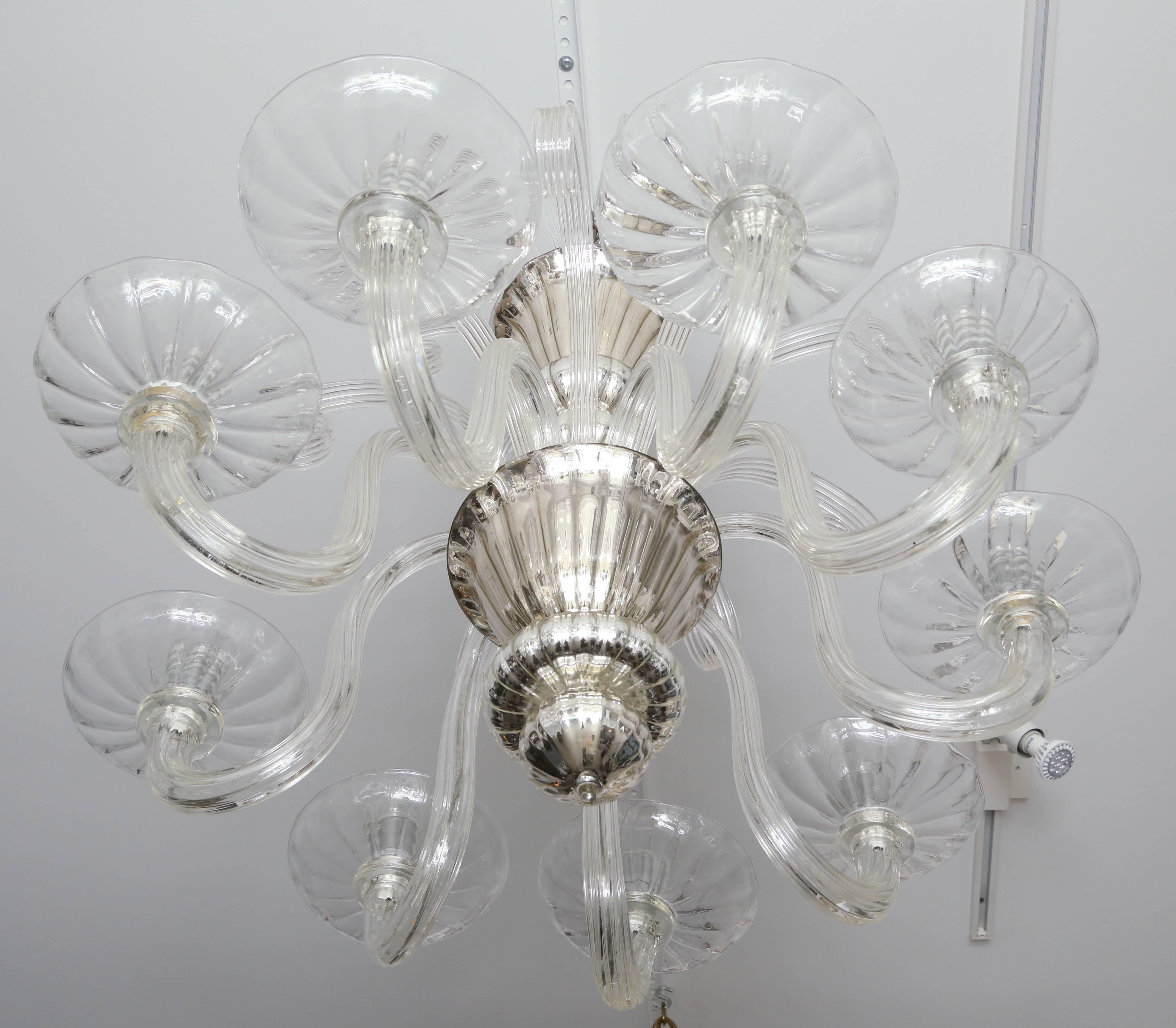 Italian Nine-Arm Murano Chandelier in Clear & Mercury Glass, Venice, circa 1930s-1940s