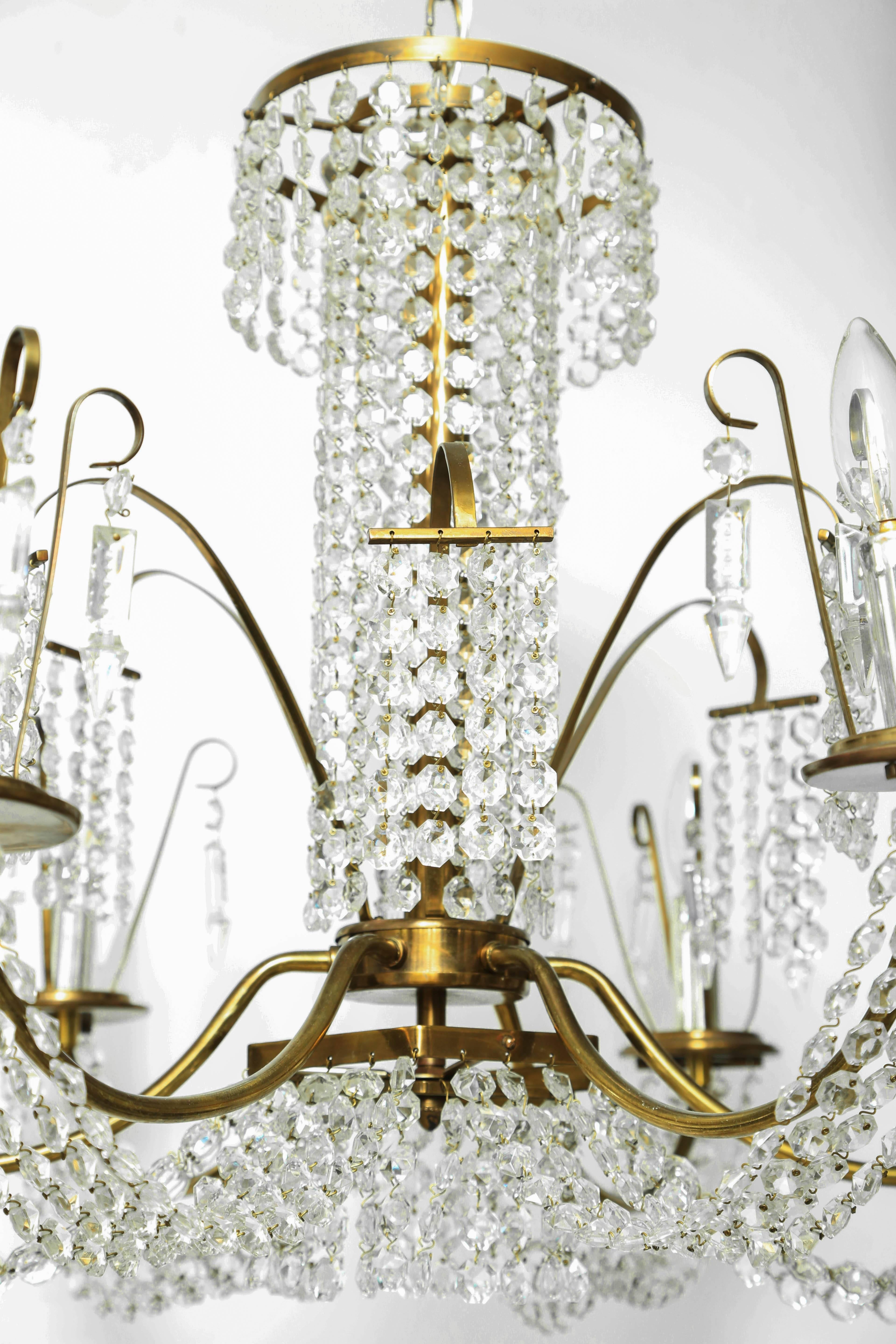American Hollywood Regency Six-Light Crystal and Antique Brass Chandelier