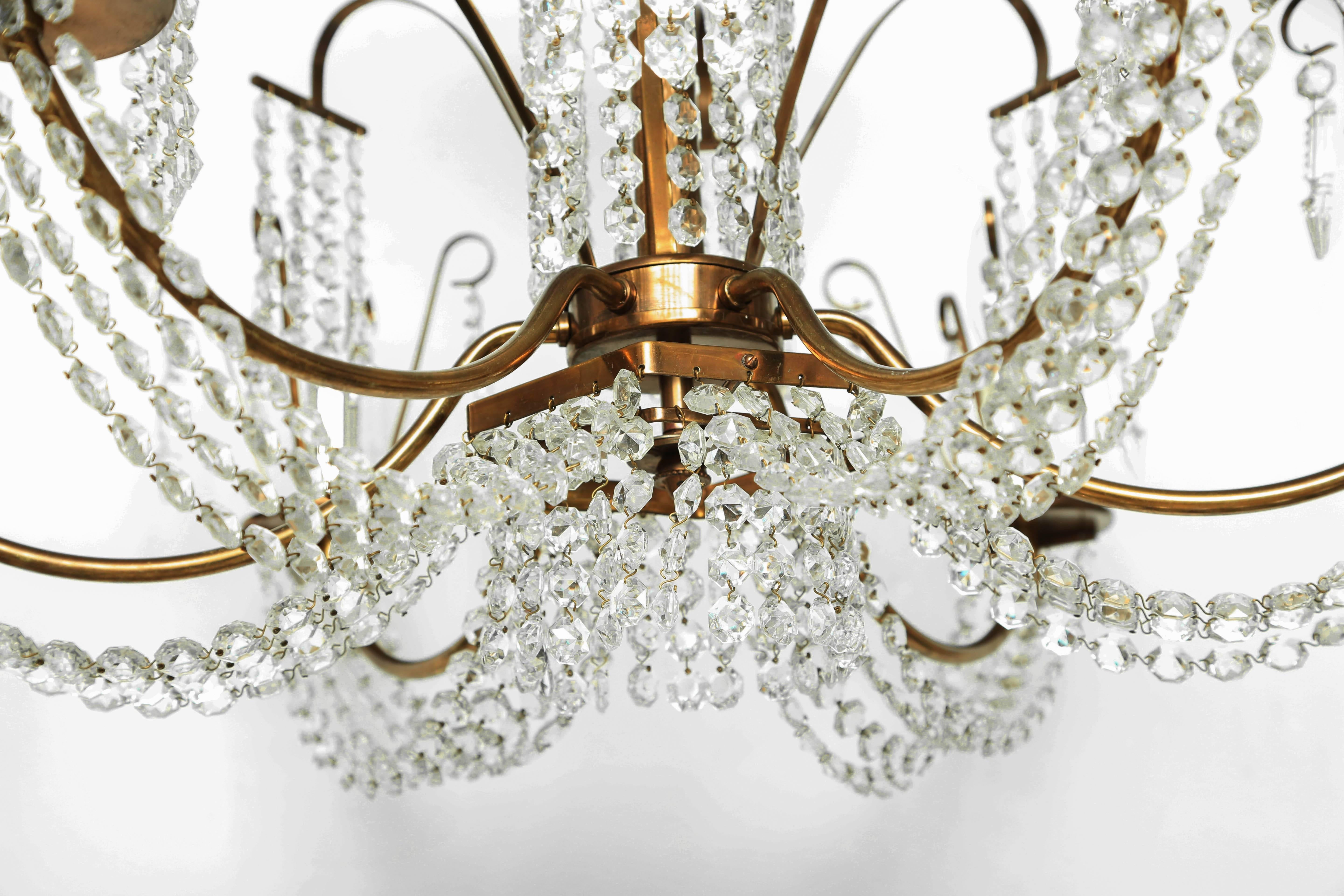 Hollywood Regency Six-Light Crystal and Antique Brass Chandelier In Good Condition In West Palm Beach, FL